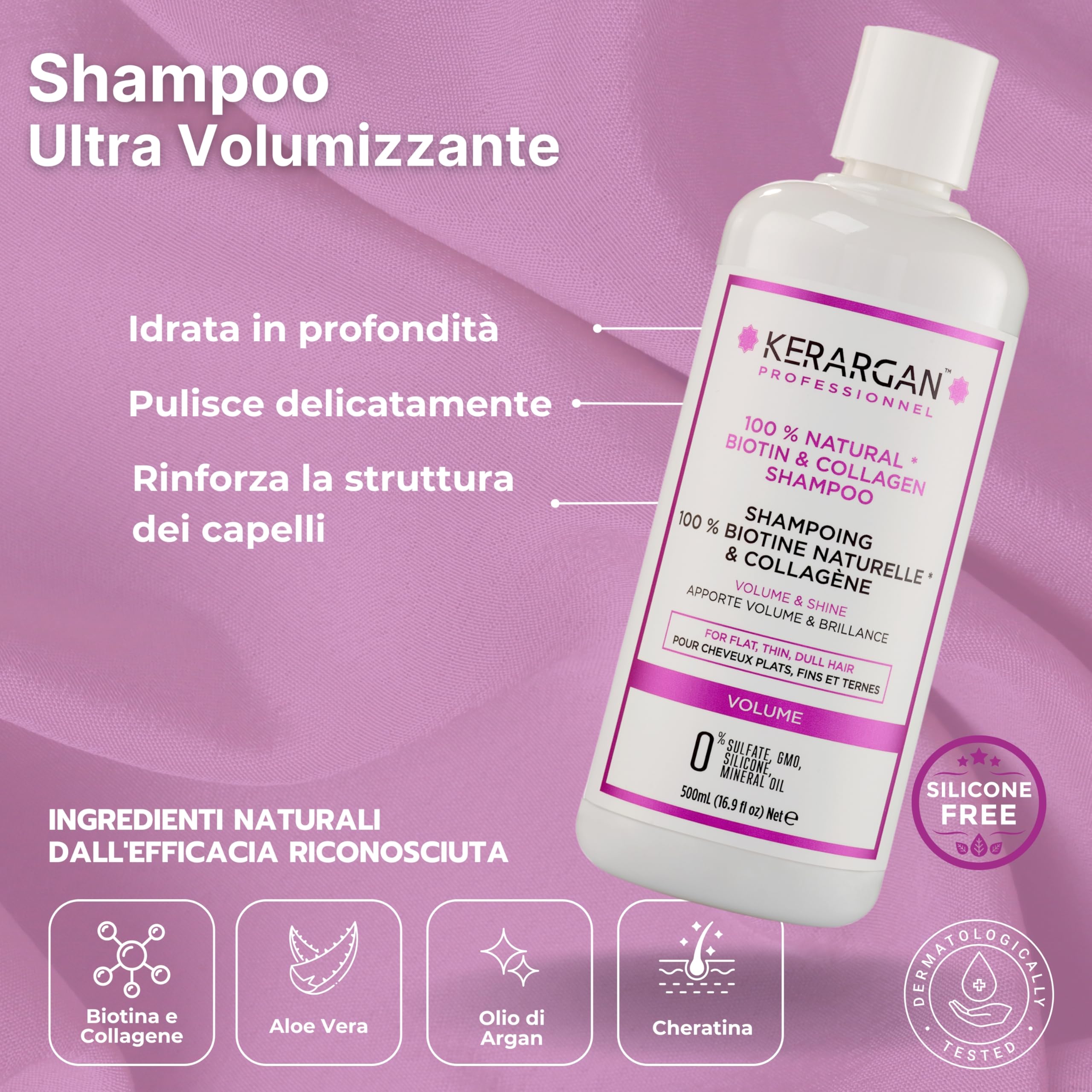 Kerargan - Set Volumizzante: Shampoo, Balsamo, Maschera, Siero & Leave-In alla Biotina & Collagene per Capelli Piatti, Fini e Opachi - Senza Solfati, OGM, Silicone - 3x500ml+1x100ml+1x350ml | Cinque trattamenti con biotina e collagene per detergere, distr