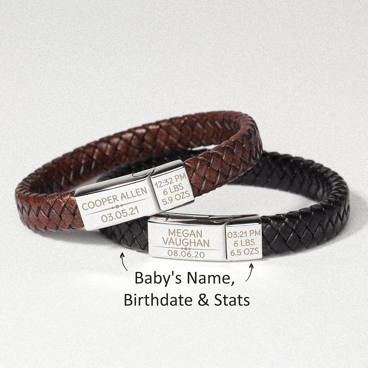 Baby Stats Bracelet For New Dad, Leather Bracelet For Dad With Kids' Name, First Father's Day Gift, Kid's Name And Birthday Leather Bracelet For Men