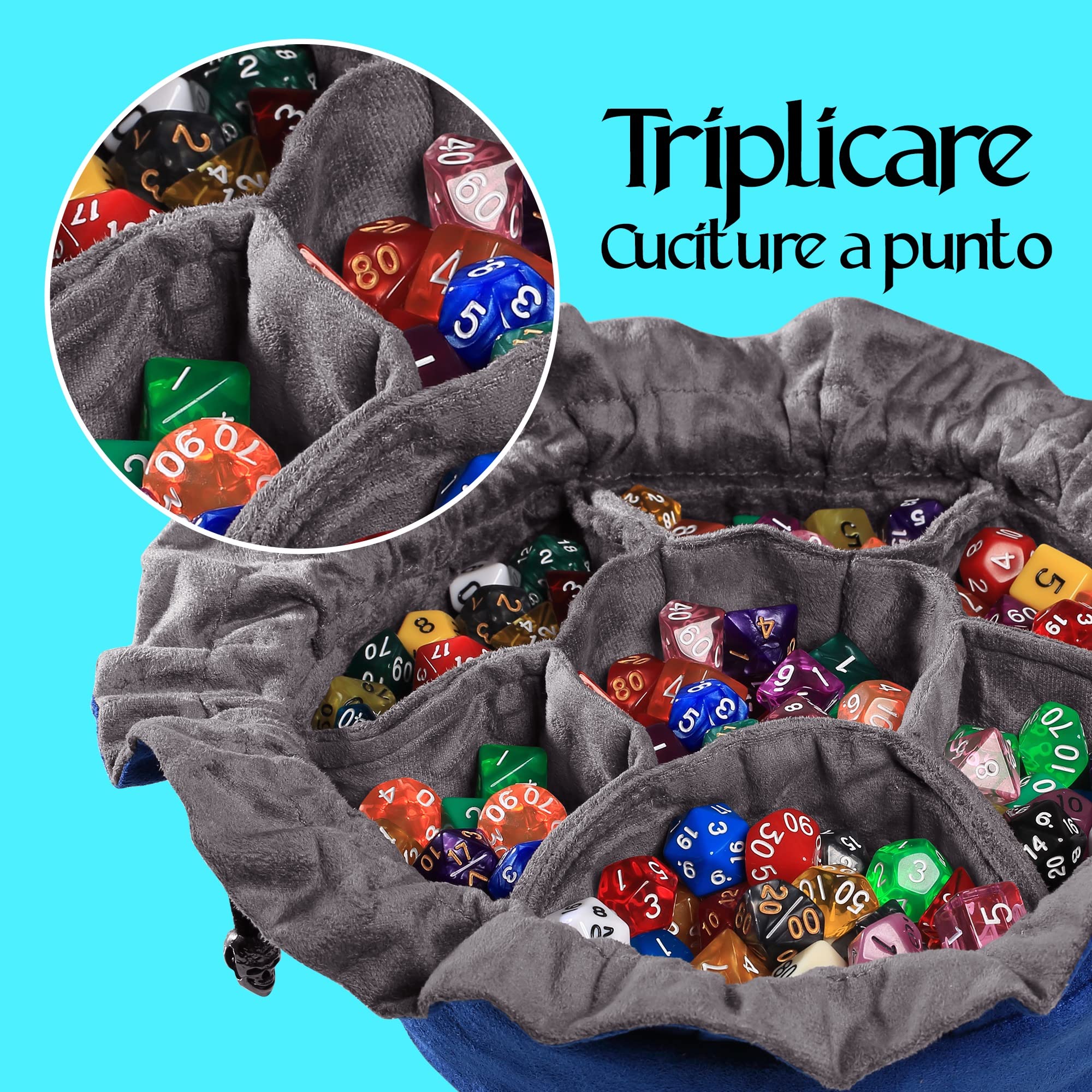 CardKingPro Immense Dice Bag con Tasche - Azzurro - capacità 150+ Dadi - Ottimo Organizzatore per Collezionisti di Dadi, Perfetto per Dungeons & Dragons [Design Brevettato]