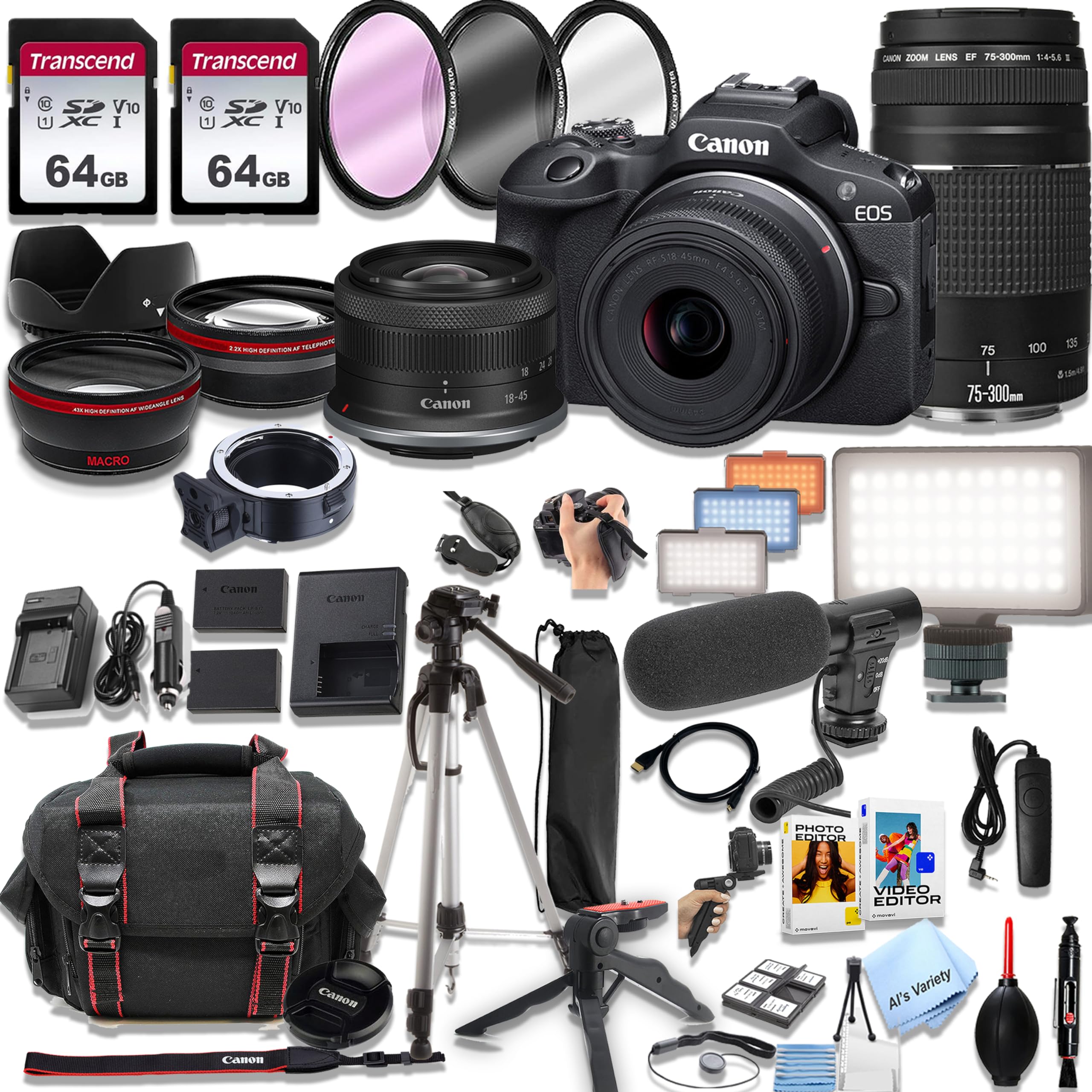 Canon EOS R100 Mirrorless Camera18-45mm and 75-300mm Lenses + 128GB Memory, LED Light, Microphone, Spare Battery, Filters,Case, Tripod, Flash, and More (43pc Bundle)