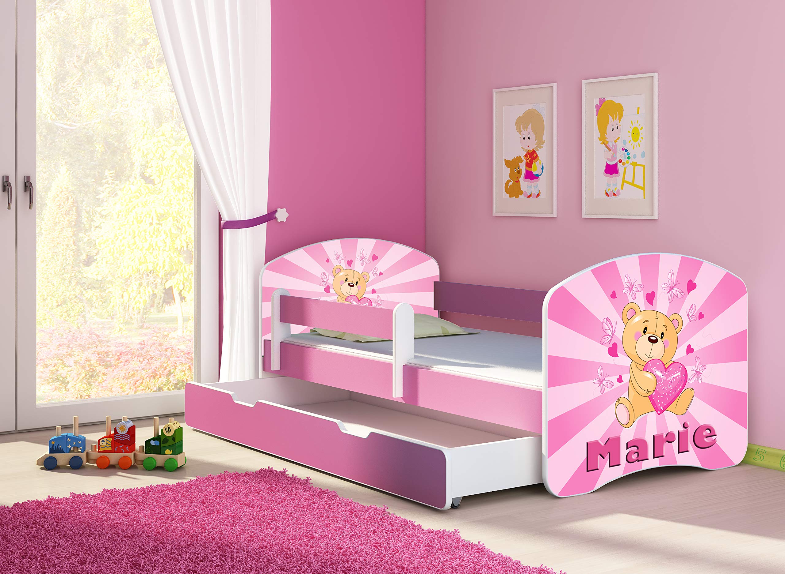 ACMA Letto per bambini 80x180 con cassetto, materasso e rete a doghe - letto junior con barriera di sicurezza, motivo 10 L'orsacchiotto con il cuoricino - Rosa, letto per bambina, portata fino a 120kg