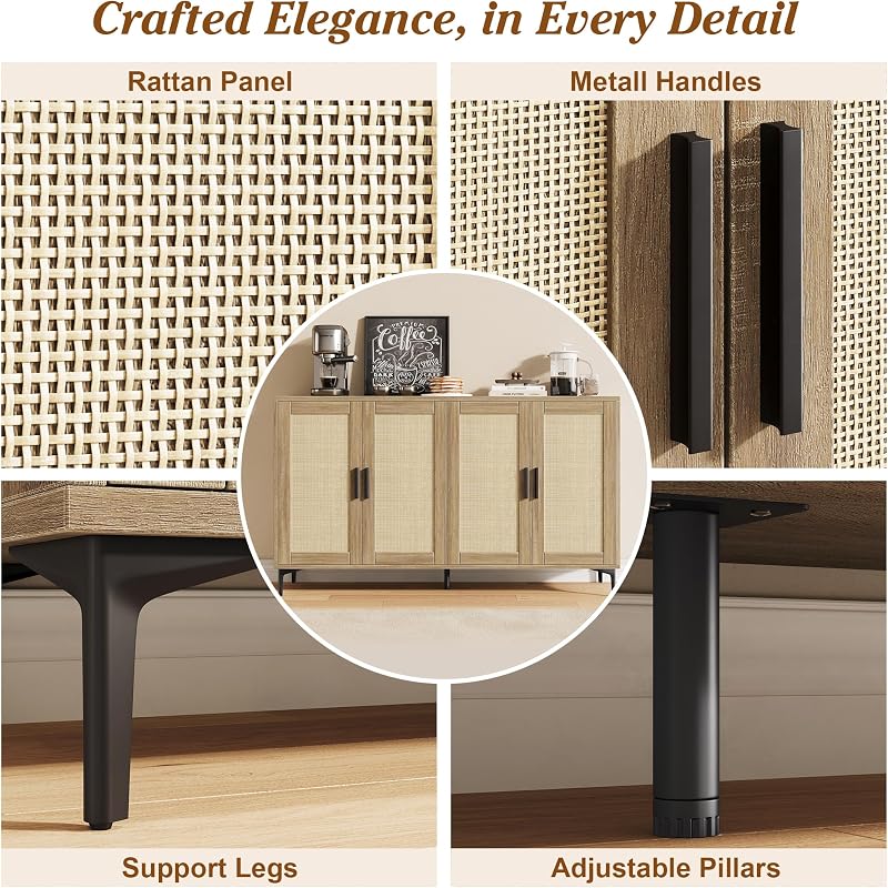 JASIWAY Buffet Cabinet with Storage, 48" Rattan Coffee Bar Cabinet Station image 5