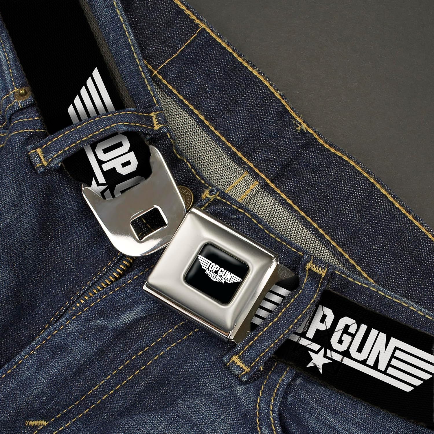 Top Gun Belt, Seatbelt Buckle Belt, Top Gun Title Logo, Adjustable