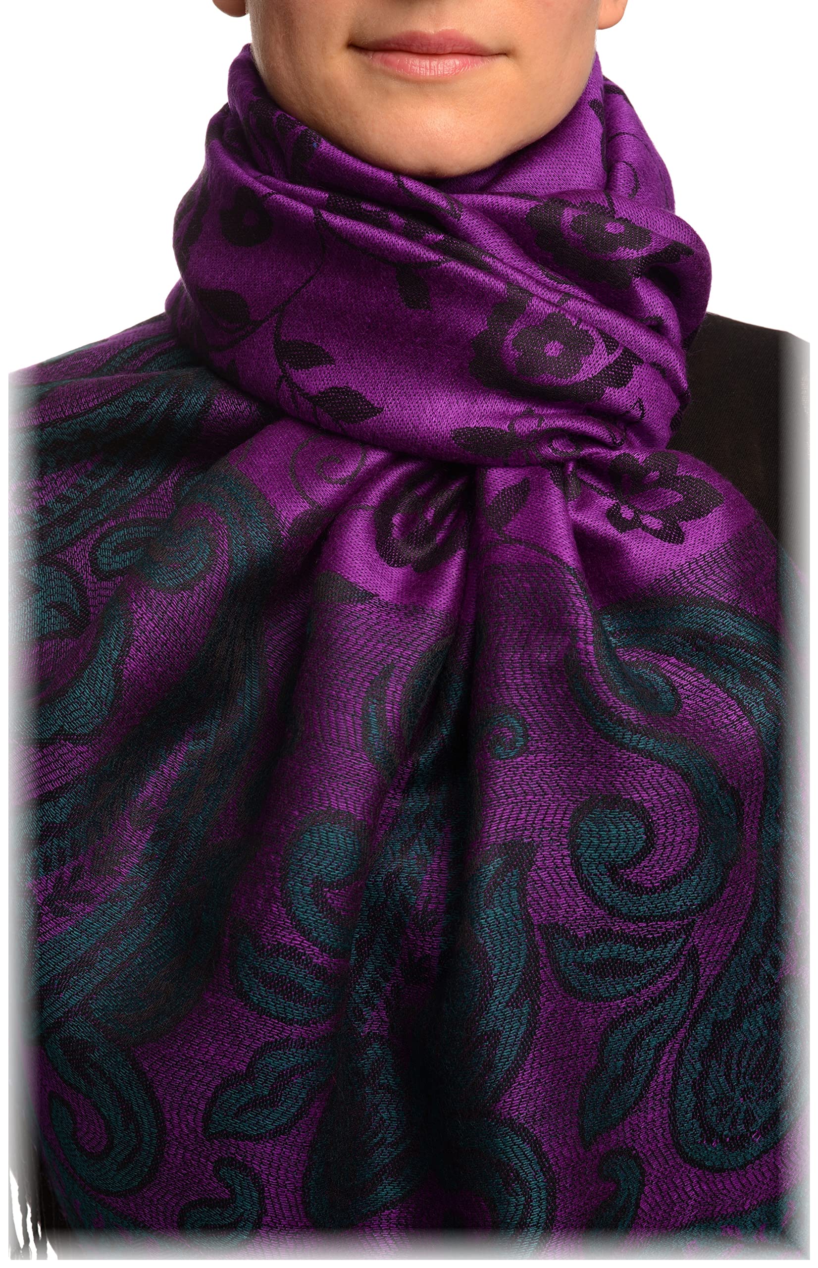 Pashmina violet à franges douceur thermique et imprimés fleuris