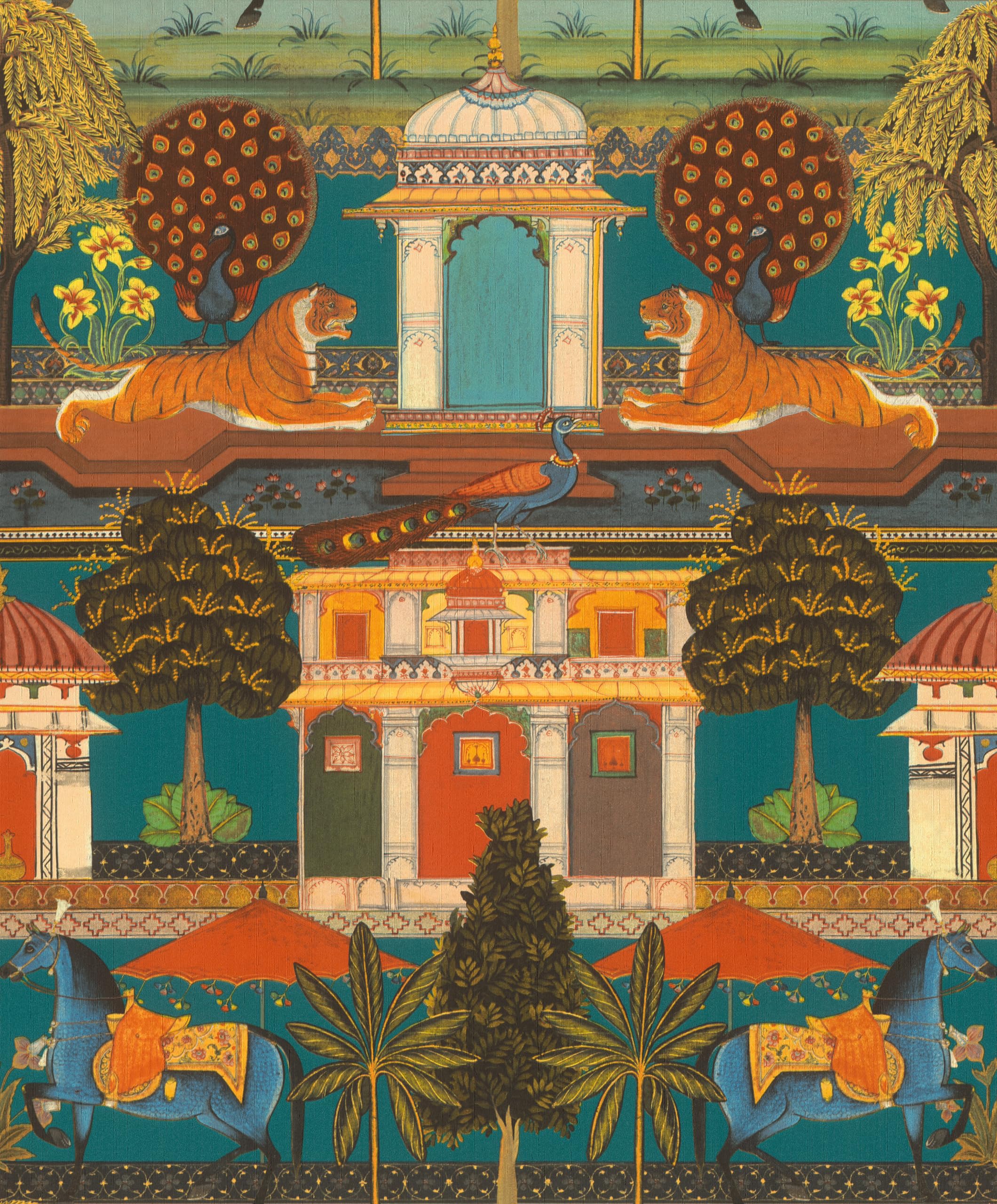 Rasch Orange Non-Woven Wallpaper Petrol Indian Palace Tiger Horse 746211