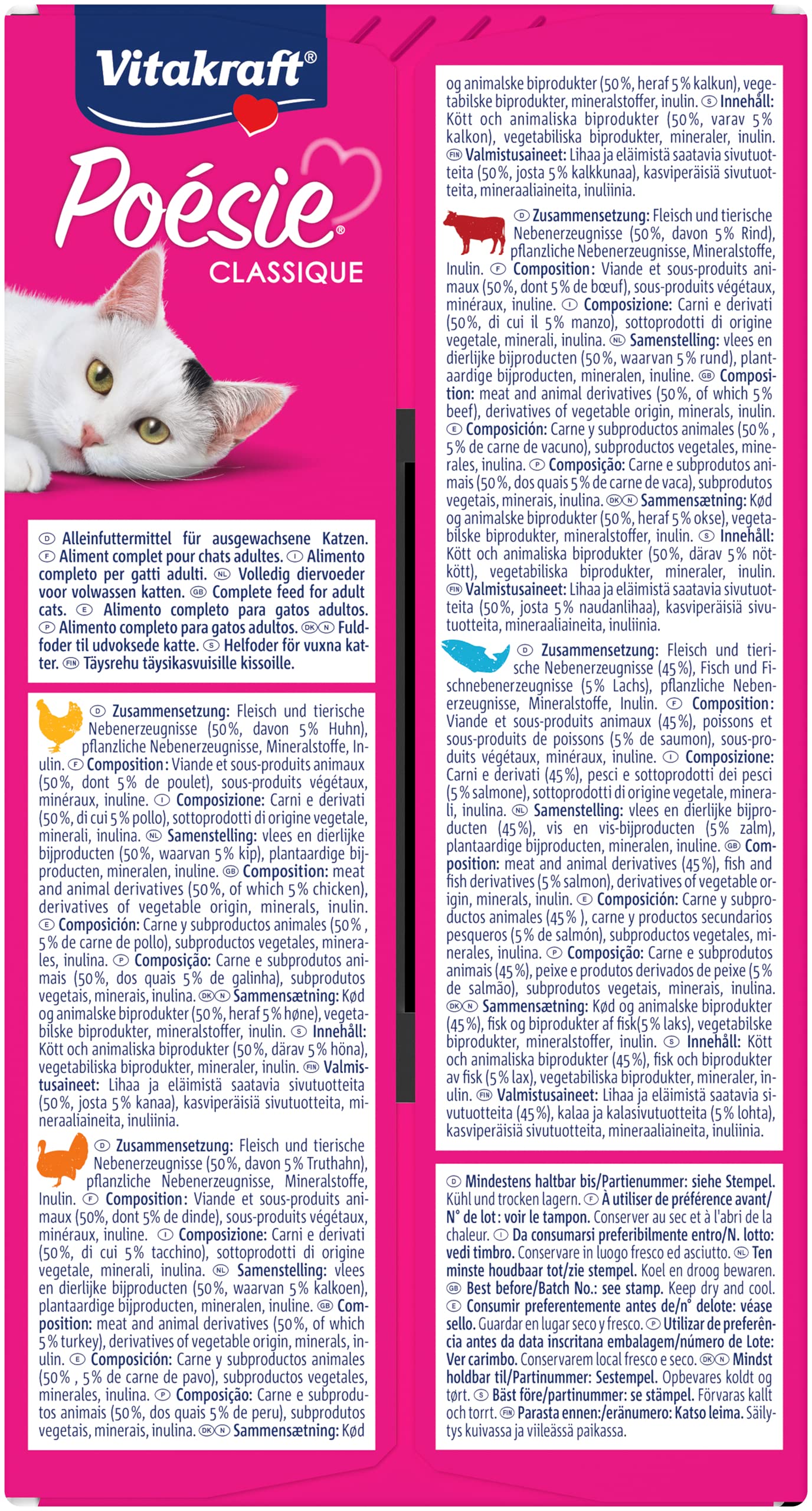 Vitakraft Poésie Classique, karma dla kotów mokra, w opakowaniu zbiorczym, z kurczakiem, indykiem i wołowiną, z łososiem ze znakiem MSC, bez dodatku cukru i zbóż, wielkość zapasowa (1 opakowanie po 12