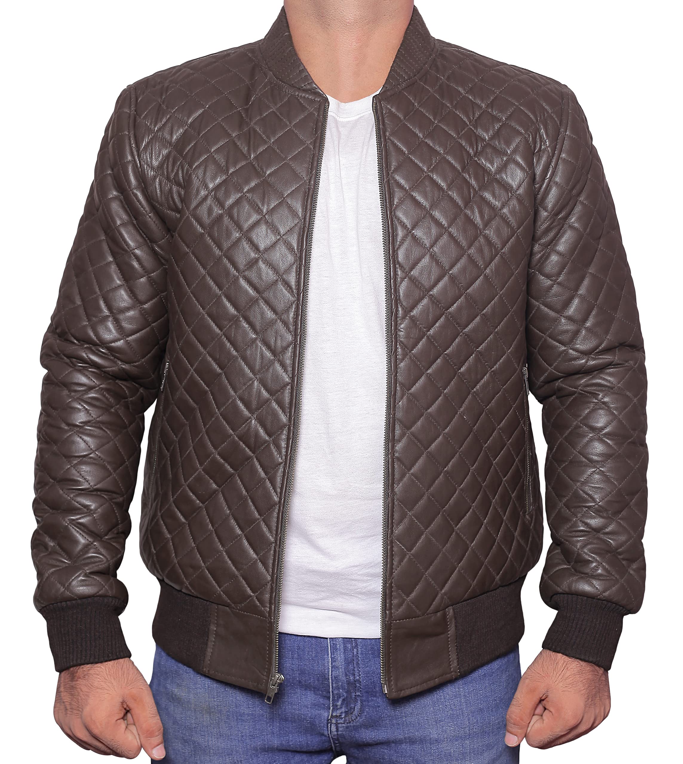 SBRM Men's Bomber Quilted Leather Jacket, Lightweight Elegance in 100% Genuine Lambskin
