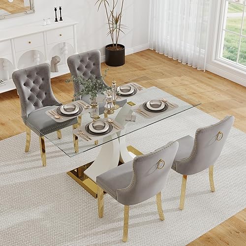 Miniatura 50 de Juego de mesa de comedor moderno de vidrio para 4, mesa de 160 cm de vidrio templado con base dorada estética y 4 sillas de comedor lujosas azules y