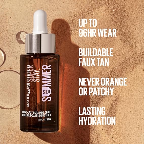 Maybelline Super Stay Summer Shot Face Tanning Drops, Customizable Self Tan for 96 Hours, with 2% Hyaluronic Acid For Face and Neck, Buildable, Streak-Free, Universal Shade, Summer Tan, 1 Count