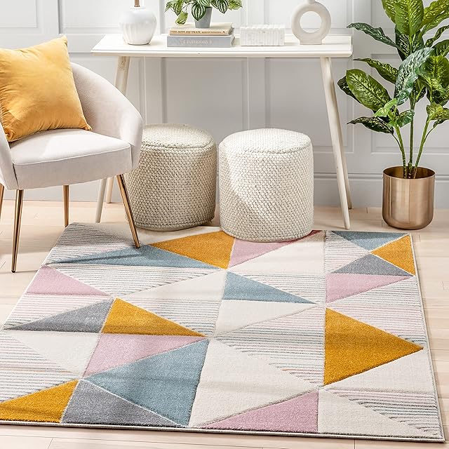 Well Woven Nia Multi Ivory Abstract Triangle Boxes Modern Area Rug 120 x 160 cm (3'11" x 5'3" ft.)