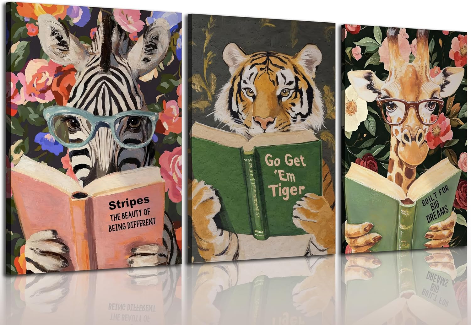 Funny Whimsical Animal Wall Art Motivational Tiger Giraffe and Zebra Reading Book Pictures Nursery Decor Humorous Bookworm Posters Literary Animal Print Artwork for Library Office Study, Framed