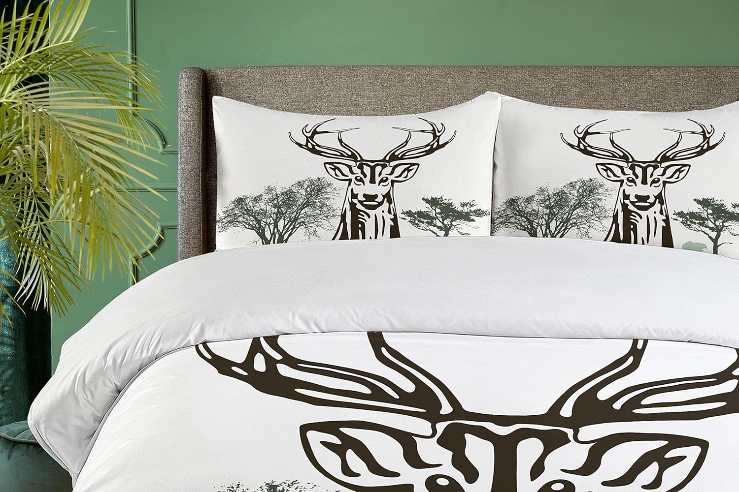 Ambesonne Antlers Duvet Cover Set, Deer Moose Trees Silhouettes Outline of Village Mountain Fall Forest, Decorative 3 Piece Bedding Set with 2 Pillow Shams, Queen Size, Chocolate Green White