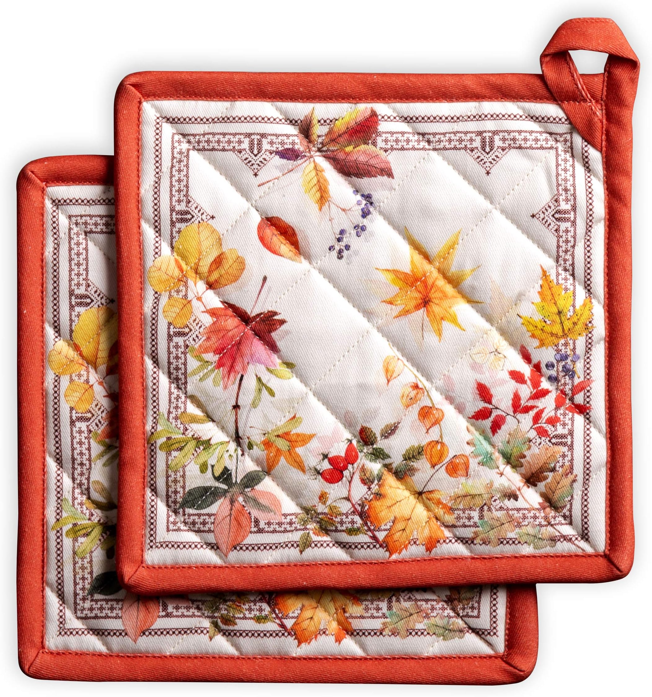 Maison d' Hermine Pot Holder 100% Cotton Heat Resistant Set of 2 Pot Holders (20 cm x 20 cm) Hot Pads with Bow for Grilling, Cooking, Barbecuing, Amarante - Thanksgiving / Christmas