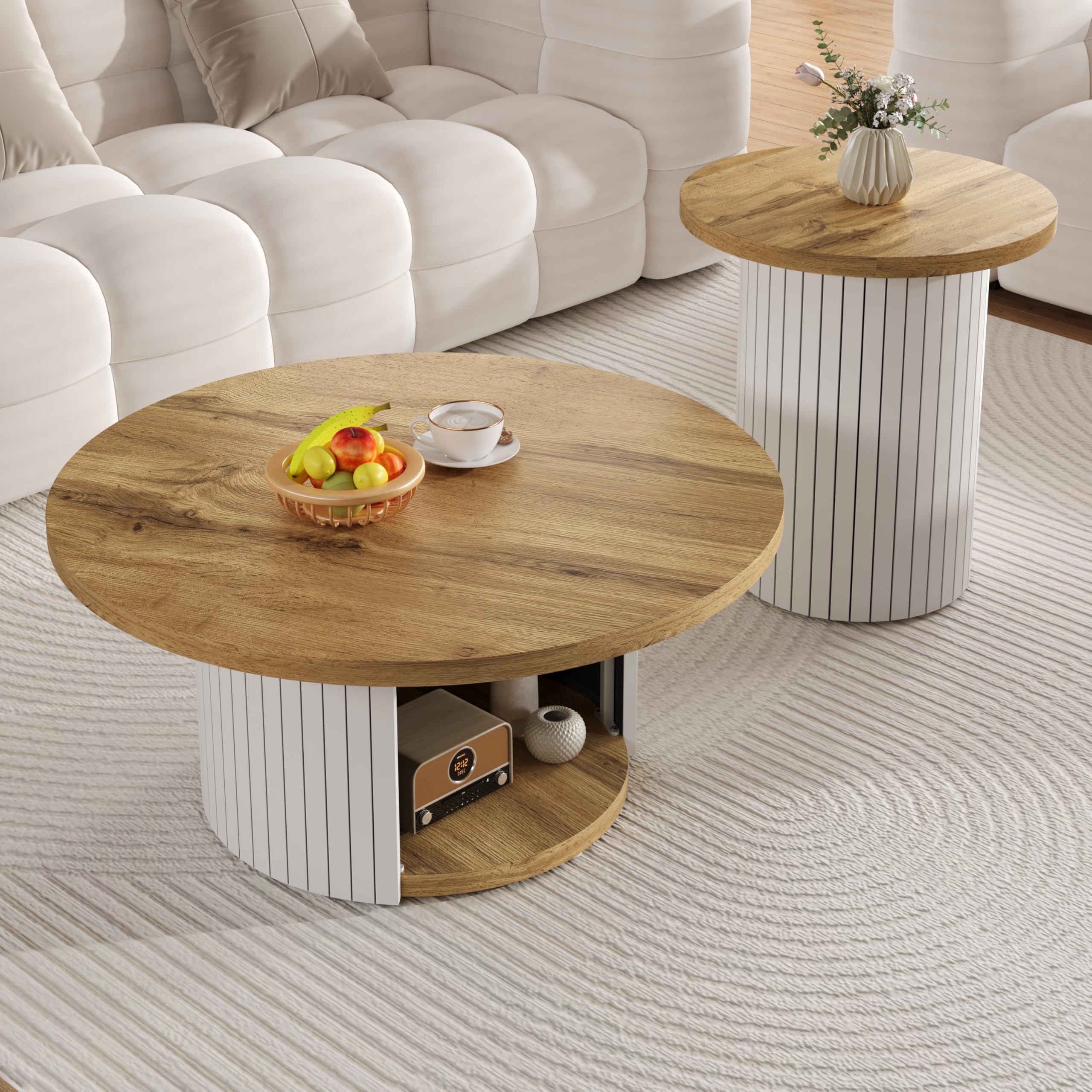 Mesa de centro, mesa redonda doble, mesa auxiliar con listones de madera natural. Mesa de salón multifuncional