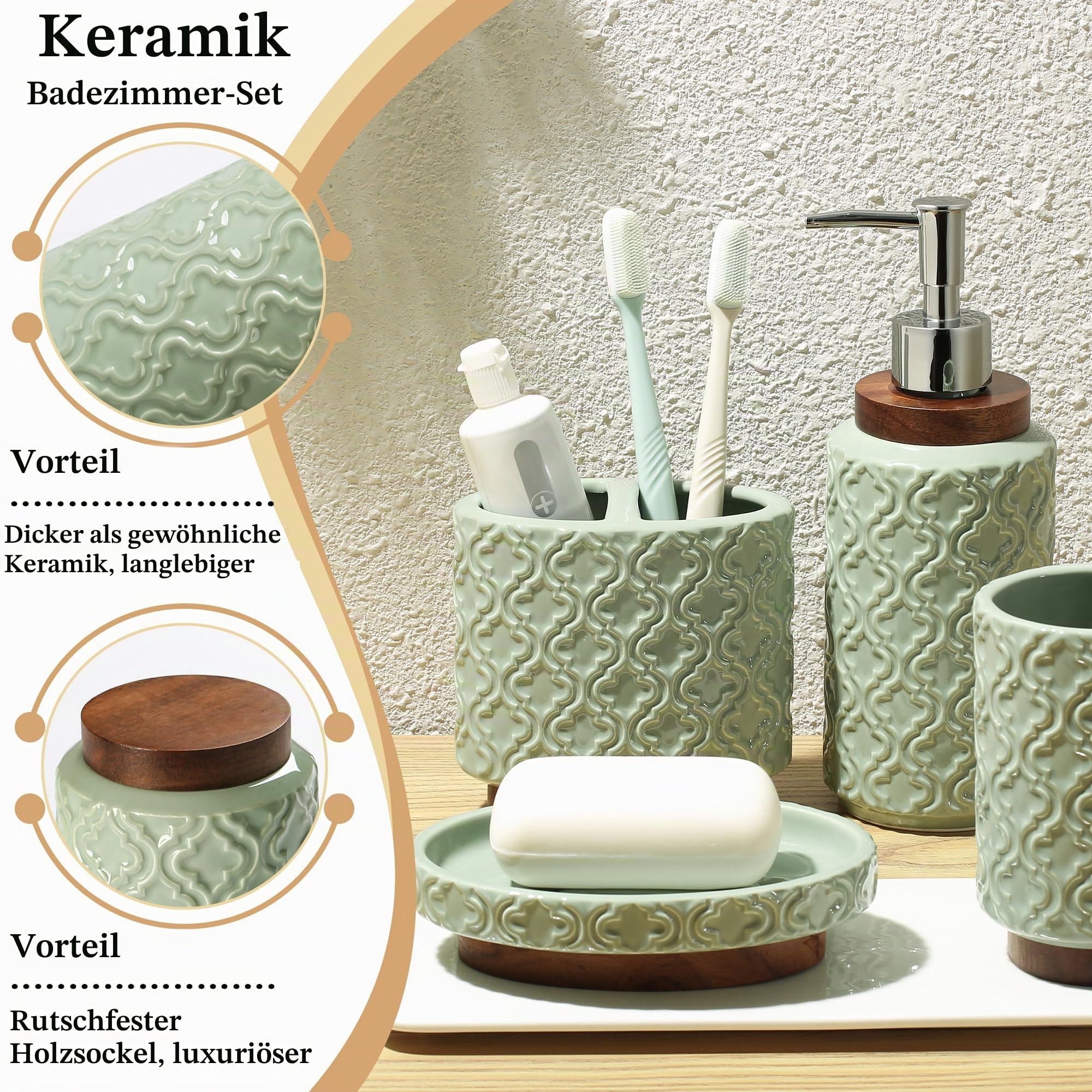 RQYIXI Badezimmer-Zubehör-Set, Zahnbürstenhalter, Seifenspender, Keramik-Badezimmer-Set mit Zahnputzbecher, Seifenschale, Becher, 4-teilig