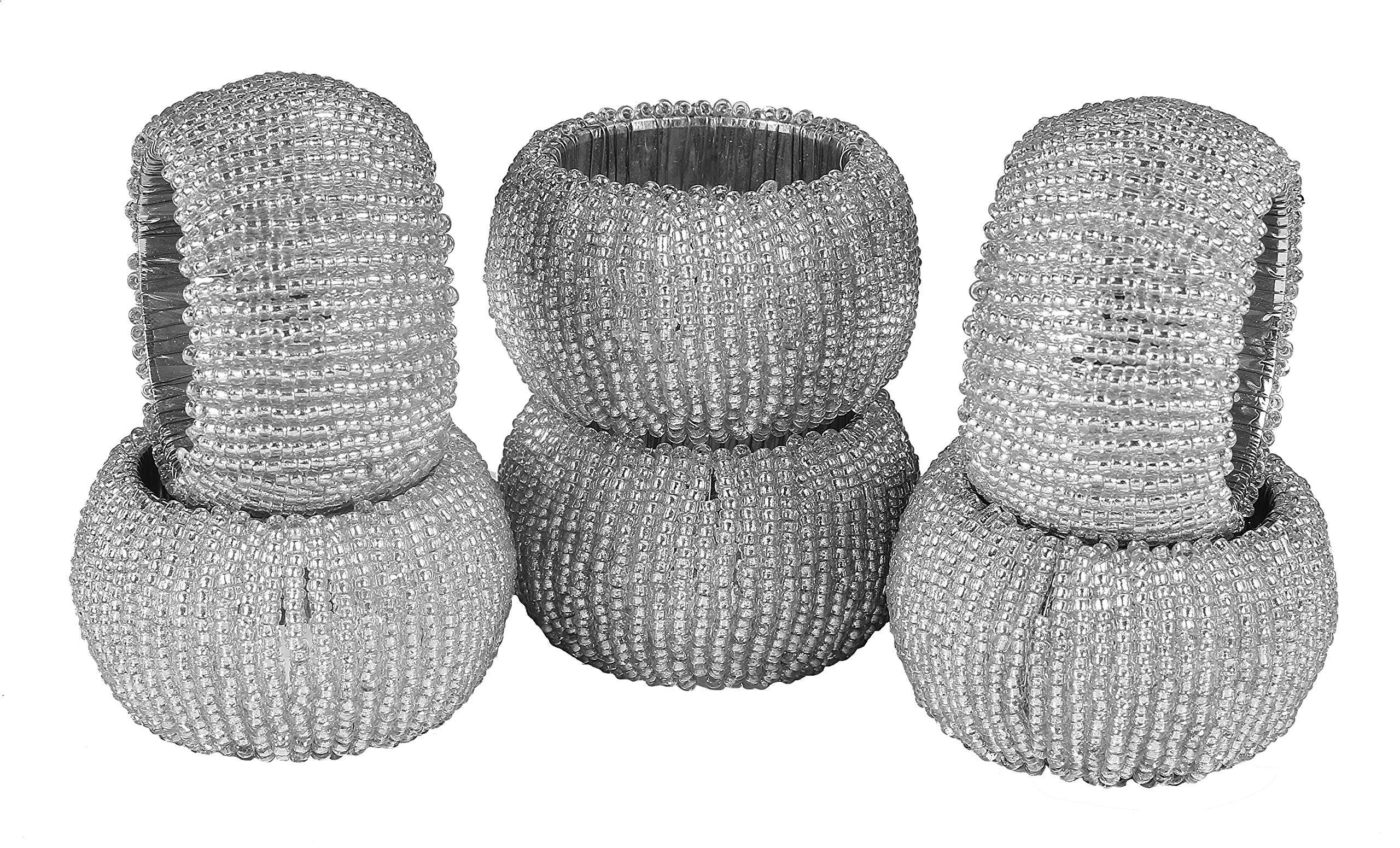 Handmade Beaded Napkin Rings Set, Set of 6, Beaded Napkin Holders, 2 Inch, Hand Made by Skilled artisans - A Beautiful complement to Your Dinner Table décor - Silver