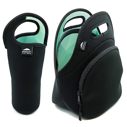 Turquoise Nordic By Nature Bundle of Insulated Black Neoprene Lunch Bag and Water Bottle Sleeve | Turquoise Designer Pattern on the Inside | Heavy Zipper | Lightweight | Washable | Holds Big Lunches