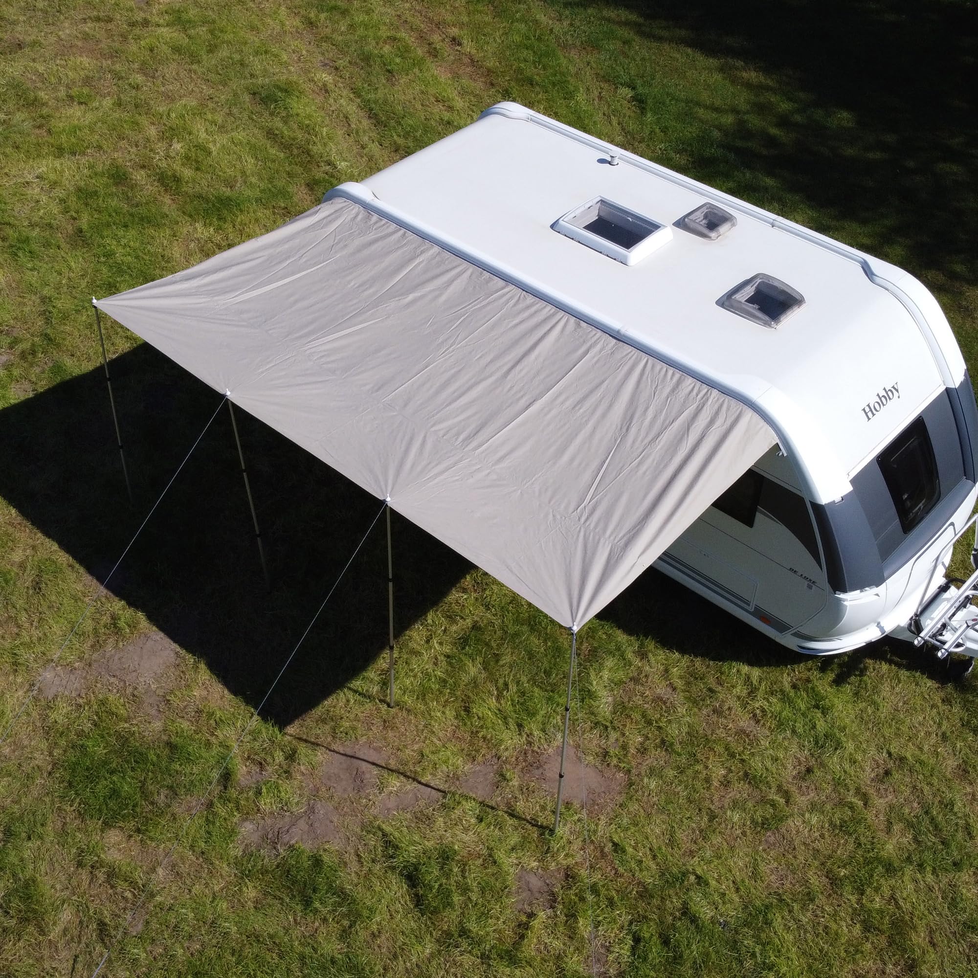 your GEAR Caravan Tarp TC Auvent de caravane - Voile d'ombrage en coton imperméable avec UV 50+, barres télescopiques en aluminium, 5 tailles, beige/sable, 500 x 240 cm