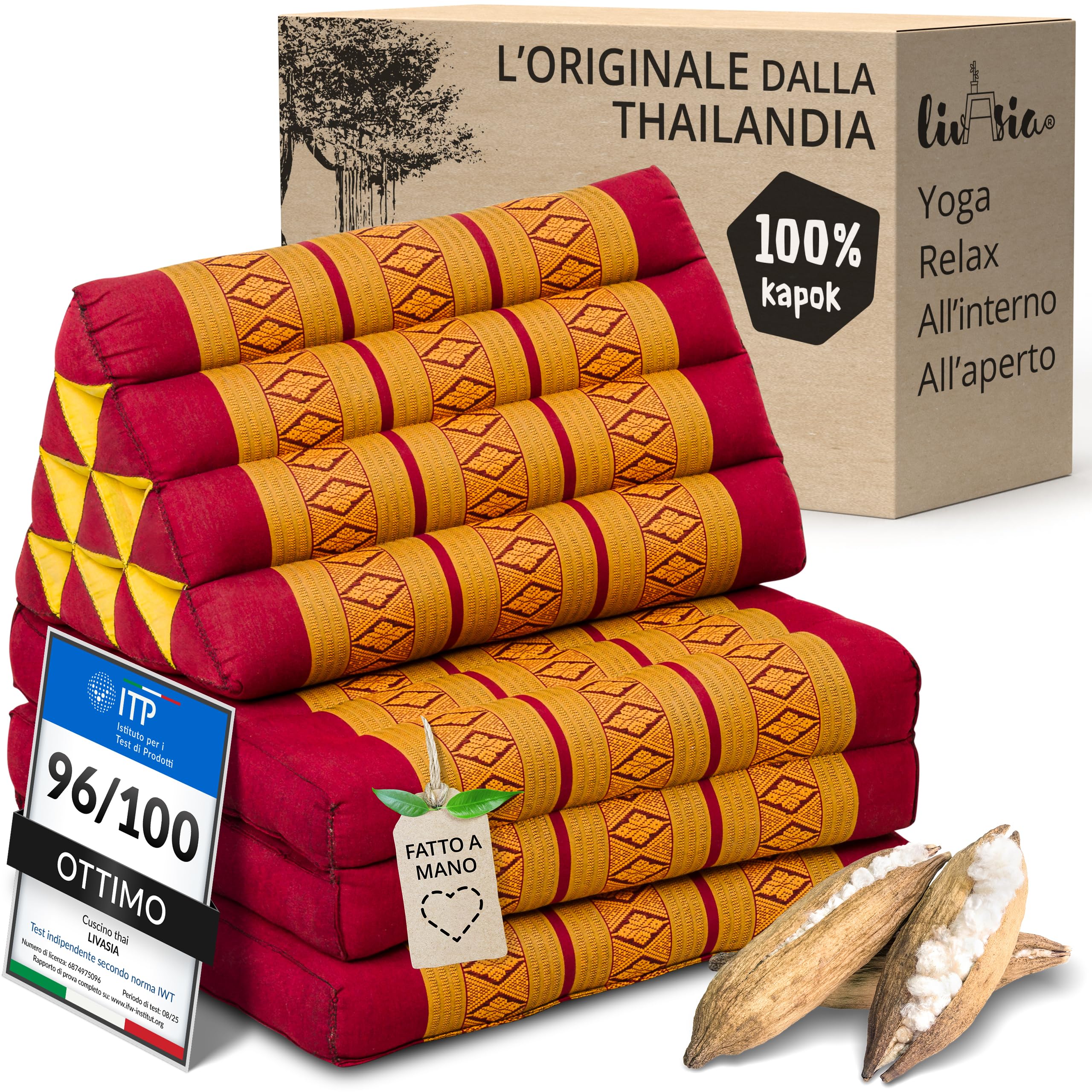 livasia cuscino thai a 3 segmenti - 175x50x8cm - cuscino triangolare con materasso pieghevole, cuneo kapok, supporto lombare pieghevole, tappetino thai, fatto a mano (Rosso/Giallo)