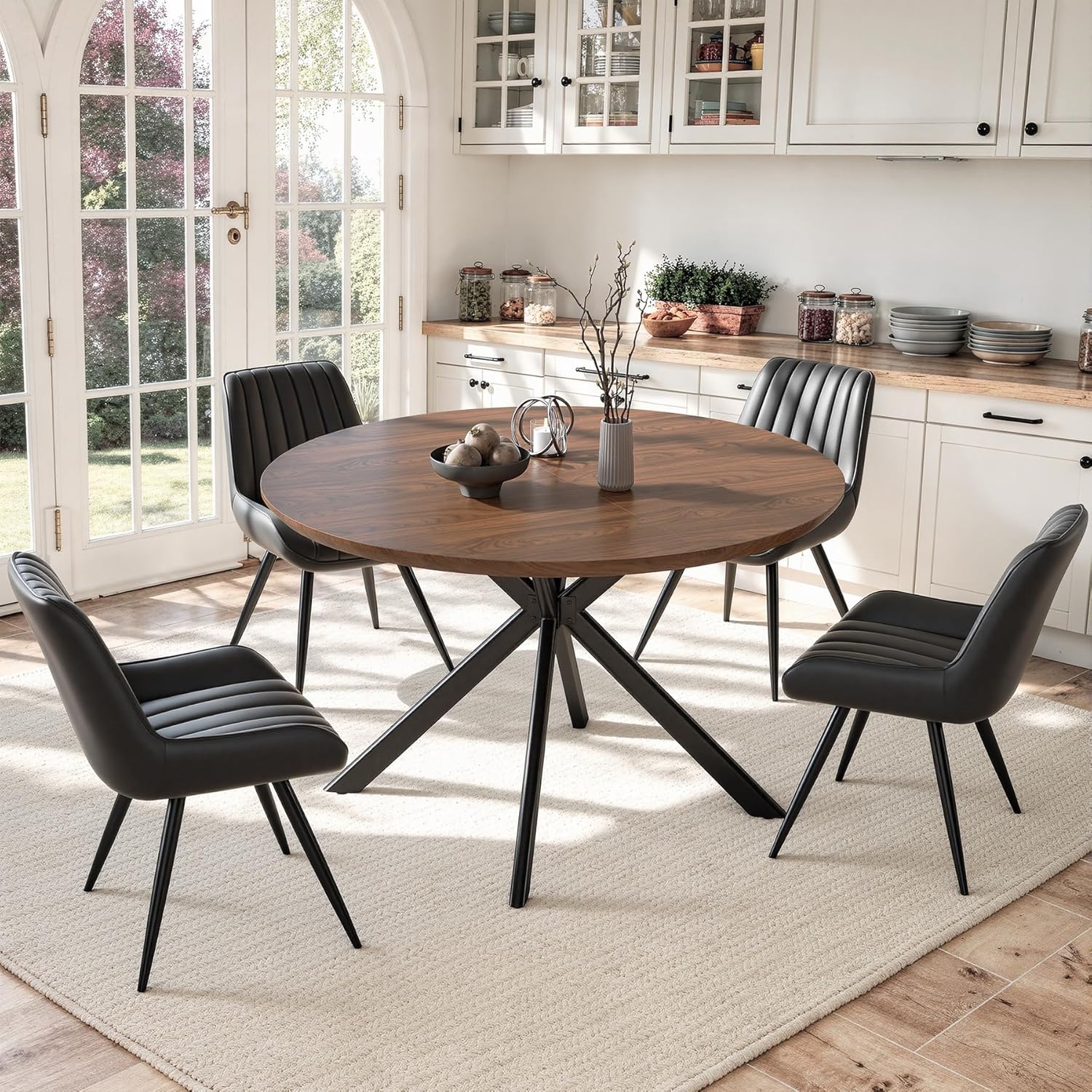 47.2" 5-Piece Round Dining Table Set for 4, Modern Wood Dining Table with 4 Upholstered Chairs, Kitchen & Dining Room Table Set with Metal Base for Apartment, Small Space, Walnut Table+4 Balck Chairs