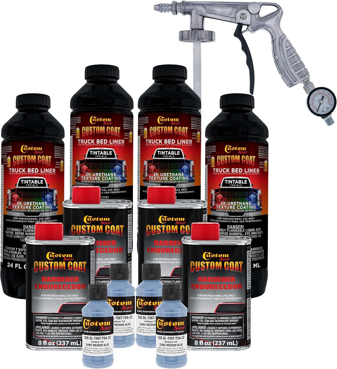 Custom Coat Federal Standard Color # 35177 Camo Medium Blue T94 Urethane Spray-On Truck Bed Liner, 1 Gallon Kit with Spray Gun and Regulator - Durable Textured Protective Coating - Easy Mix Car Auto