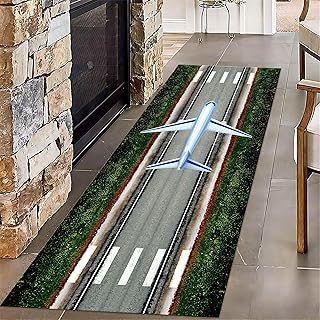 Airplane Takeoff Runner Rugs, 3.3x7ft, Airport Runway Children's Carpet, Reduce Noise Cozy Washable Mat, Thin Low Pile Fade Resistant Dirty Resistant Carpets for Dining Table Kitchen