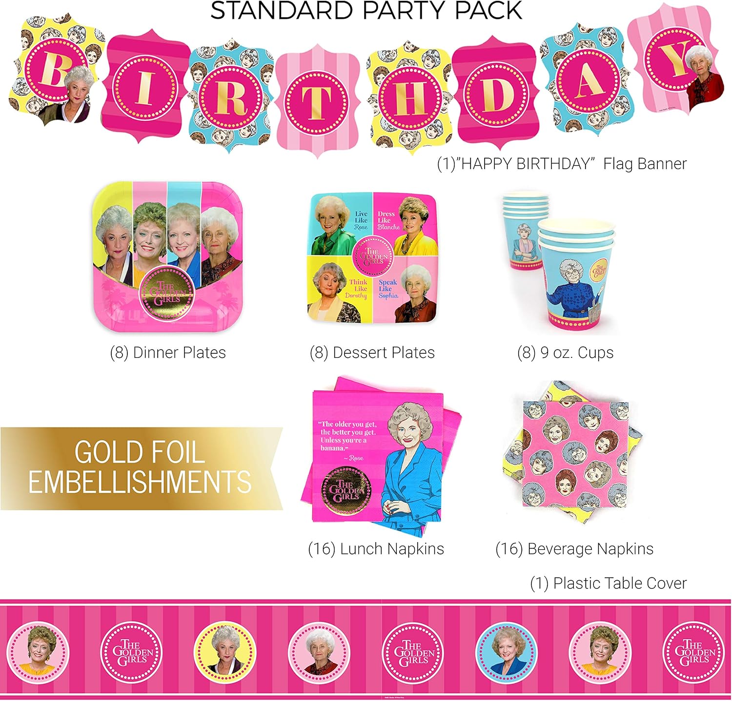 Golden Girls Party Supplies (Standard for 16) Golden Birthday Party Pack, 83 Piece Set, by Prime Party : Home & Kitchen