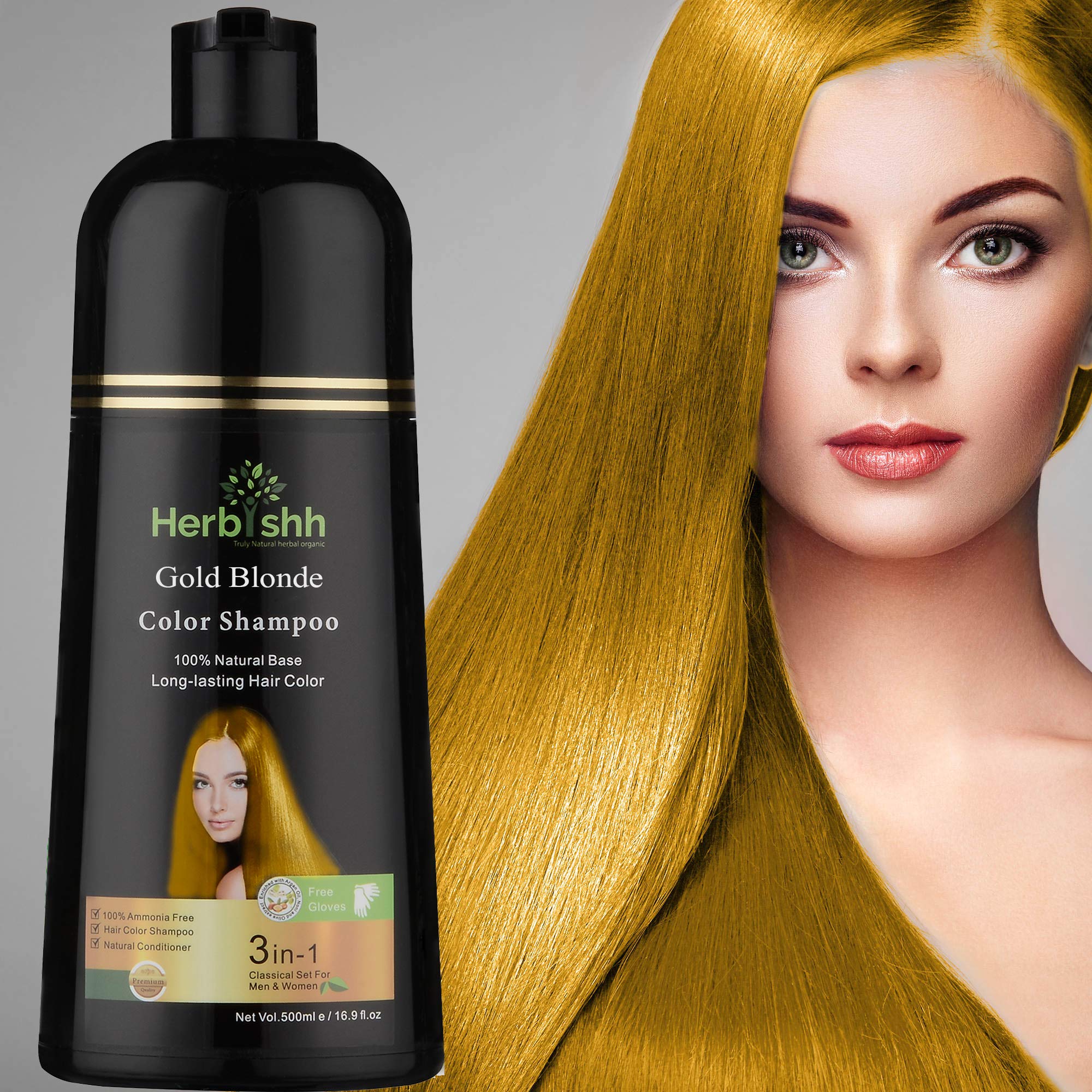 Herbishh Hair Color Shampoo for Gray Hair–Natural Hair Dye Shampoo–Colors Hair in Minutes–Long lasting colour–500 ML–3-In-1 Hair Color–Ammonia-Free (Gold Blonde)