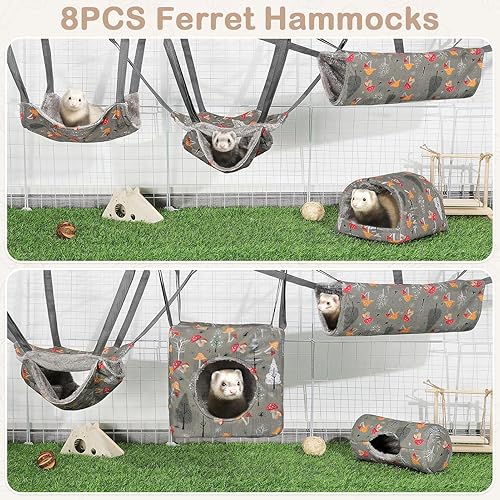 Ferret Hammock 8 Pack Guinea Pig Hammock Washable Rat Chinchilla Hammock Hamster Cage Accessories Cozy Ferret Bed Toys for Small Animals Pet Sugar Glider(Grey Mushrooms)