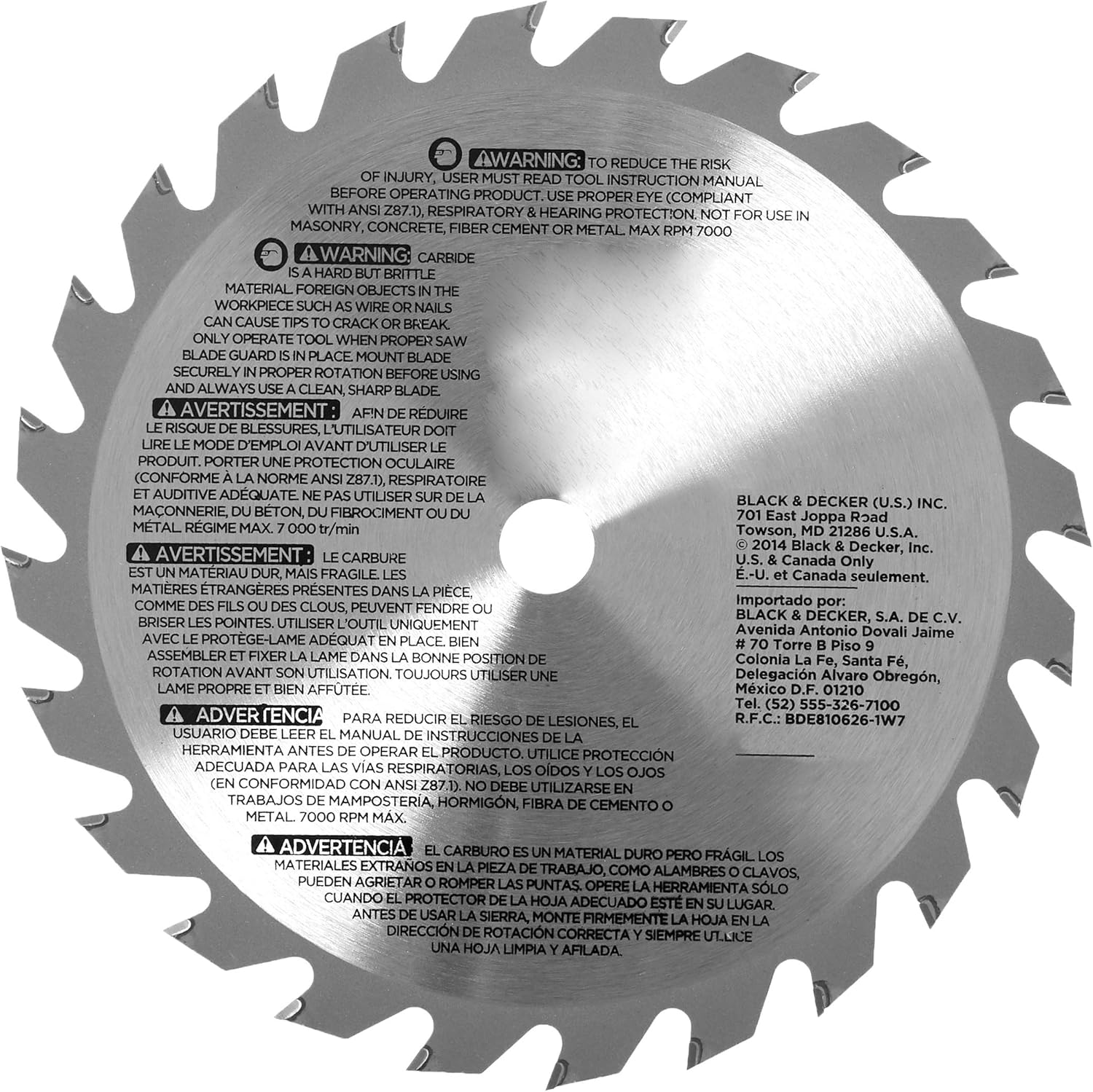 Enrere view of the BLACK+DECKER PIRANHA 7-1/4 inch 24T Saw Blade, showing safety warnings and manufacturer information.