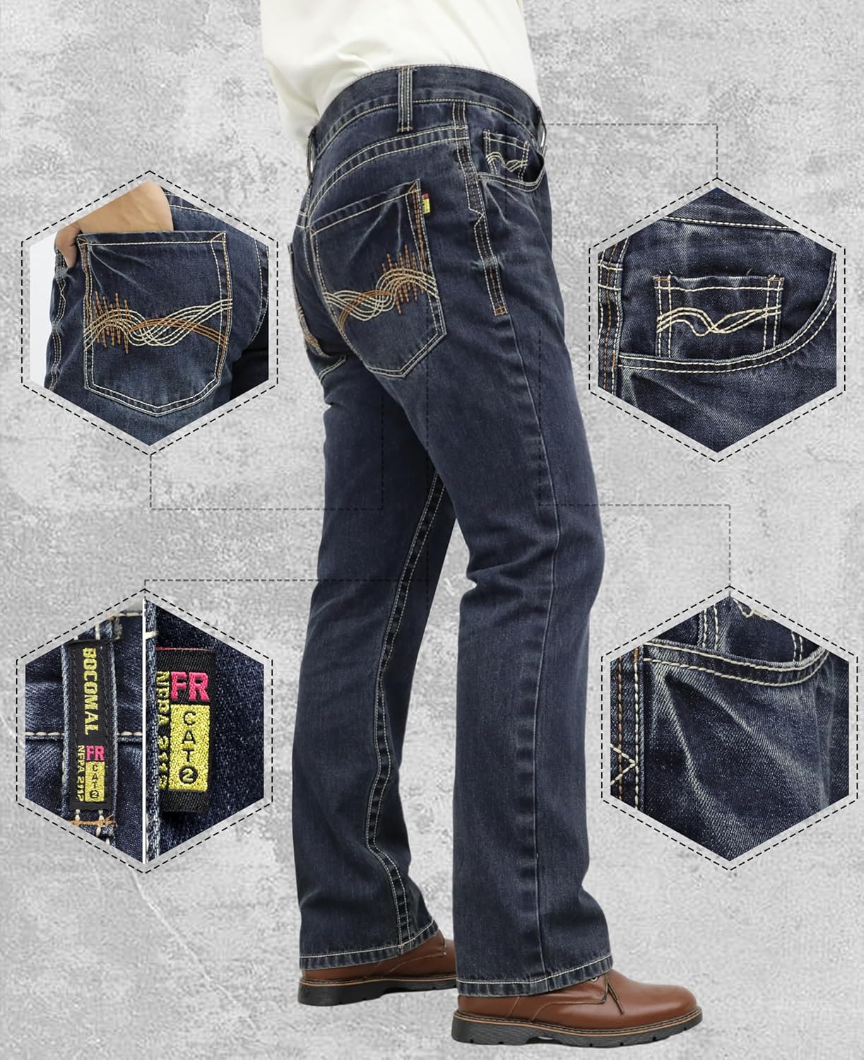 BOCOMAL FR Jeans for Summer Midweight EX-Soft Relaxed Boot Cut Vintage Washed Flame Resistant Work Pants NFPA2112 CAT2 - Image 3