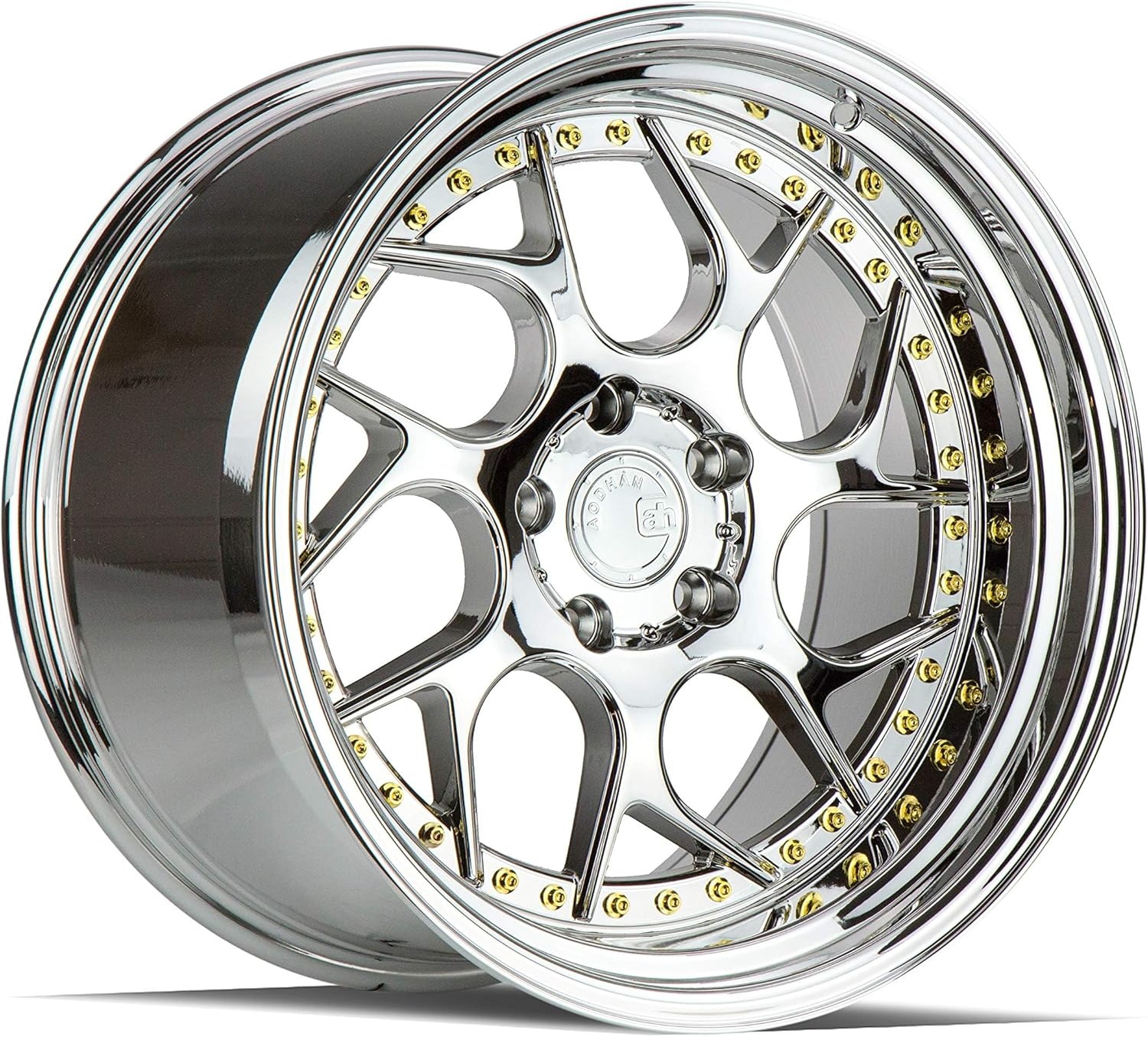 Aodhan DS-01 Custom Wheel - 18x9.5, 30 Offset, 5x114.3 Bolt Pattern, 73.1mm Hub - Vacuum Chrome with Gold Rivets Rim