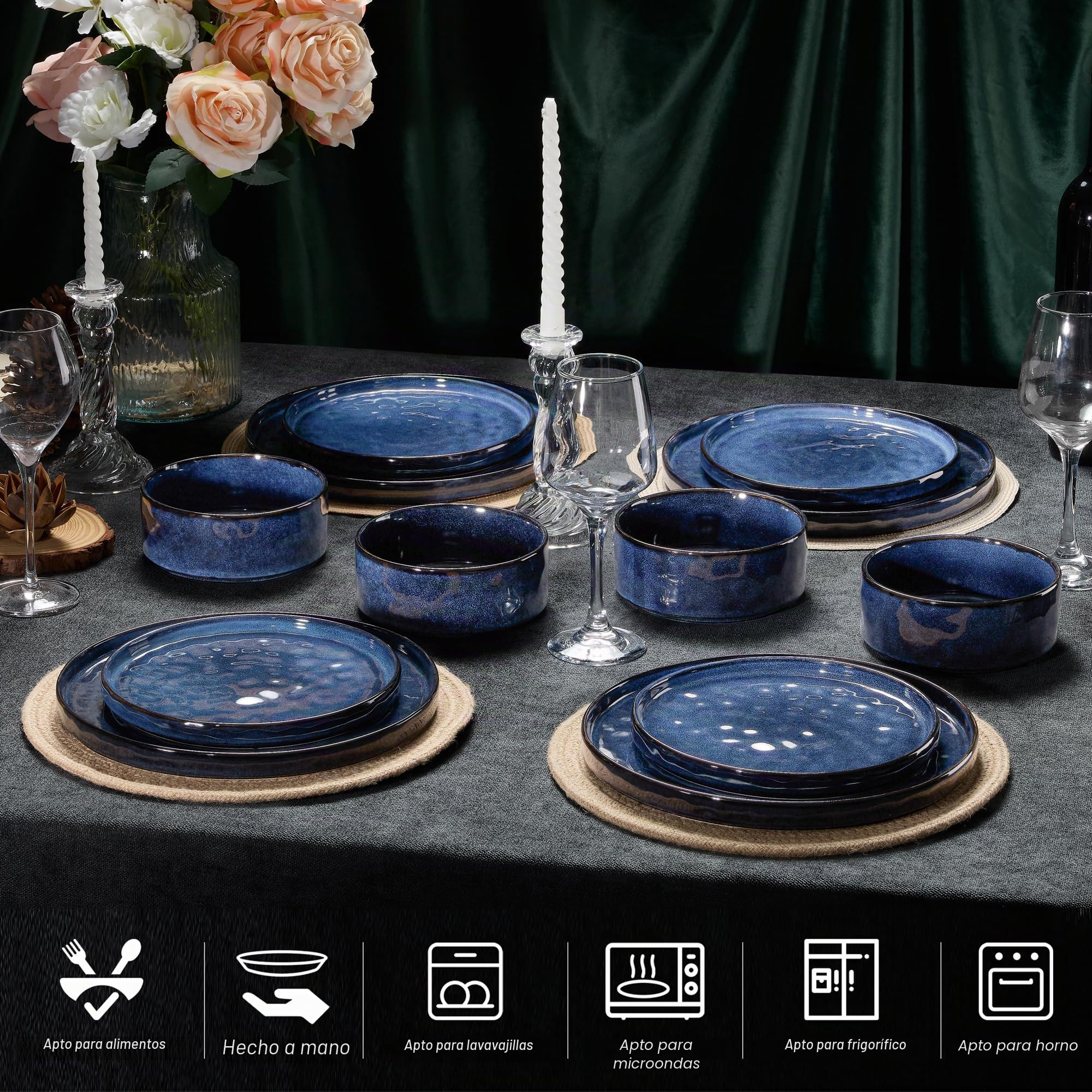 Juego de vajilla Homikit, juego de vajilla de 12 piezas para 4 personas, servicio de mesa combinado con platos llanos, platos de postre y cuencos para cereales, azul noble