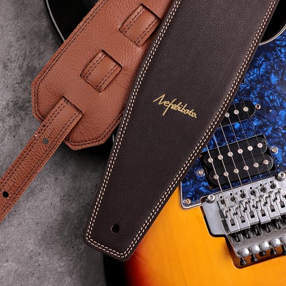 Nefelibata 3.8 Wide Full Grain Leather Guitar Strap with Foam Padding for Bass Electric and Acoustic Guitars