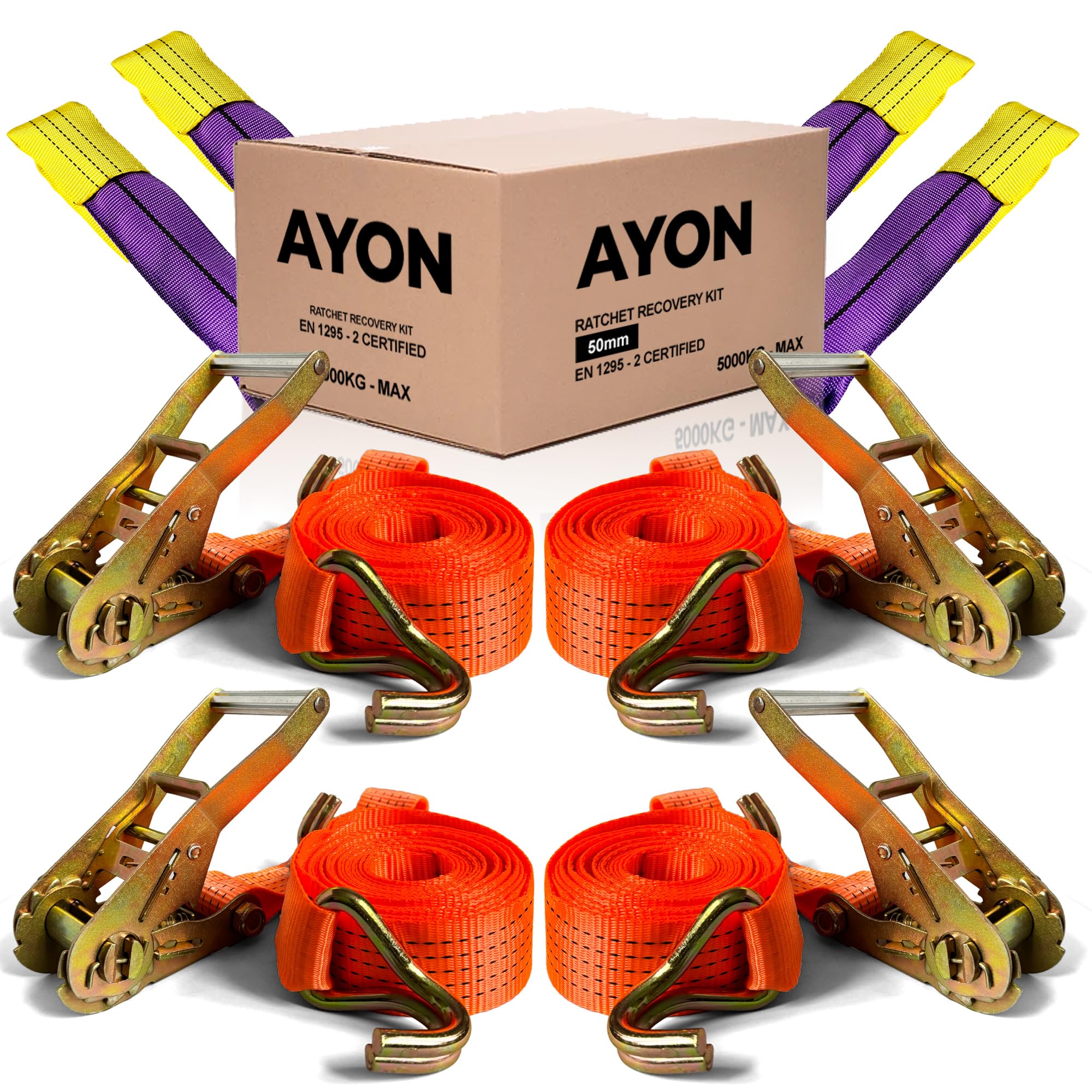 AYON® 5000kg Heavy-Duty Ratchet Straps – Set of 4 Tie Down Recovery Straps for Car Transport, Trailers & Off-Road Use – EN 12195-2 Certified