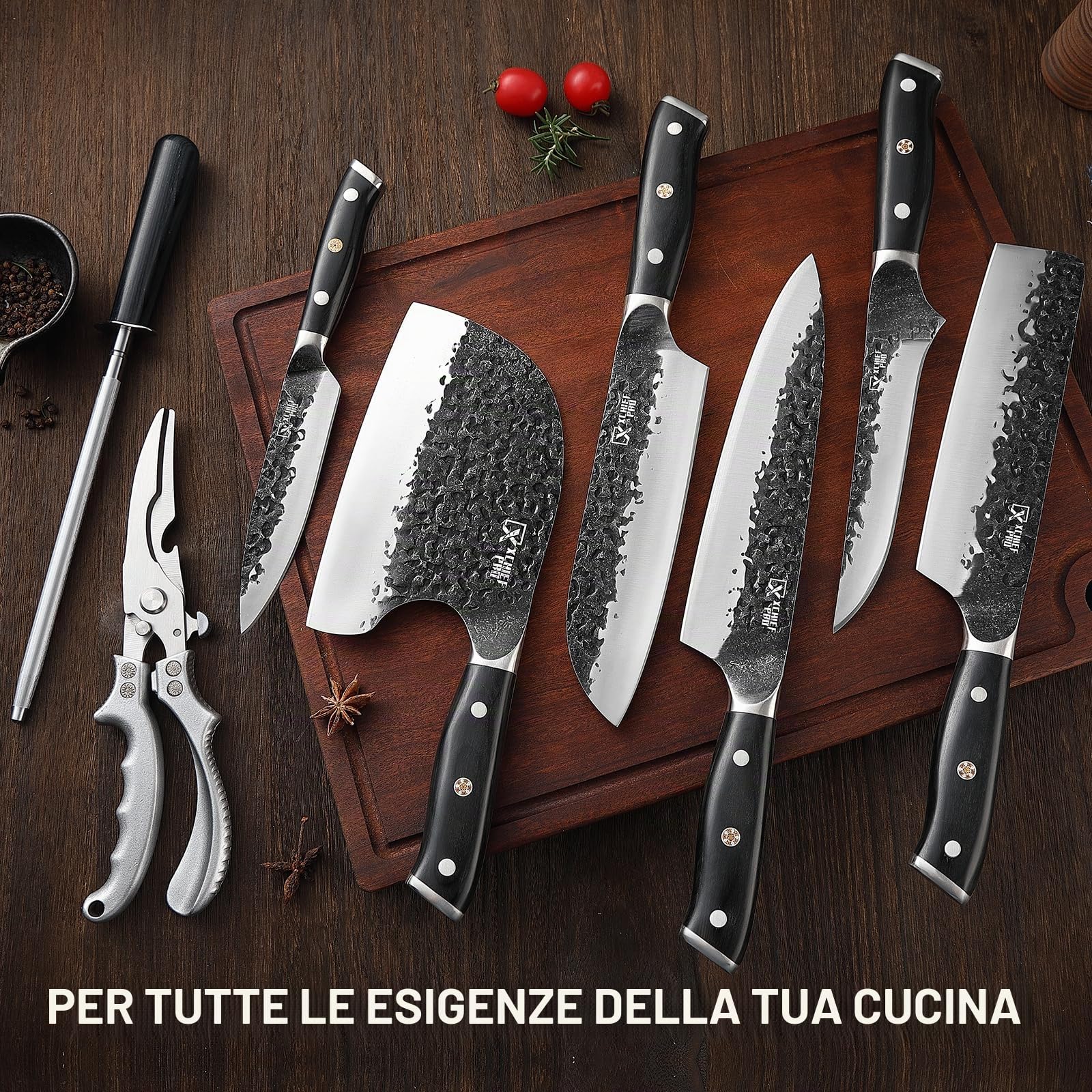 Set di 6 coltelli da cucina giapponesi forgiati a mano | Set di coltelli da cucina giapponesi in acciaio al carbonio con custodia da trasporto, per la cucina, campeggio, barbecue
