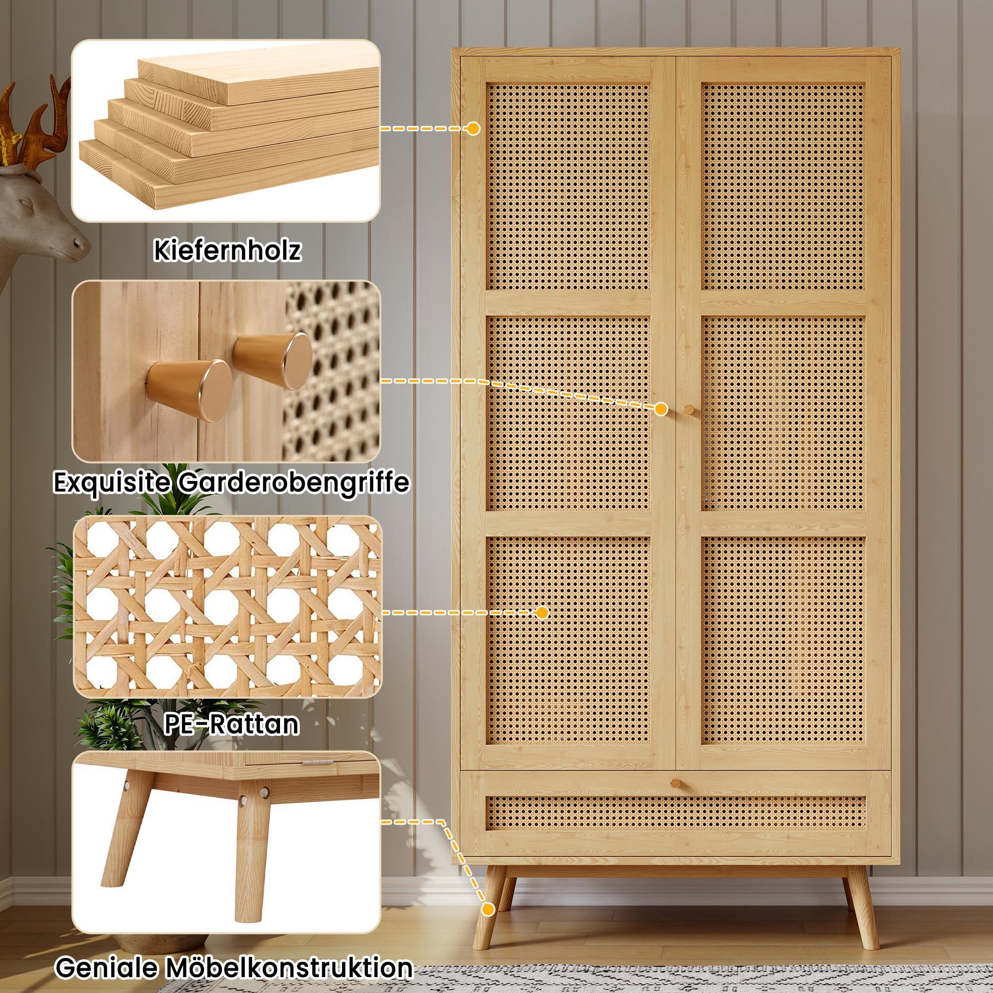 Armoire en Rotin à 3 Portes,Garde-Robe et Tringle à VêTements,Dressing Rangement Placard,Style Bohème,pour Chambre à Coucher,Couloirs,Salon