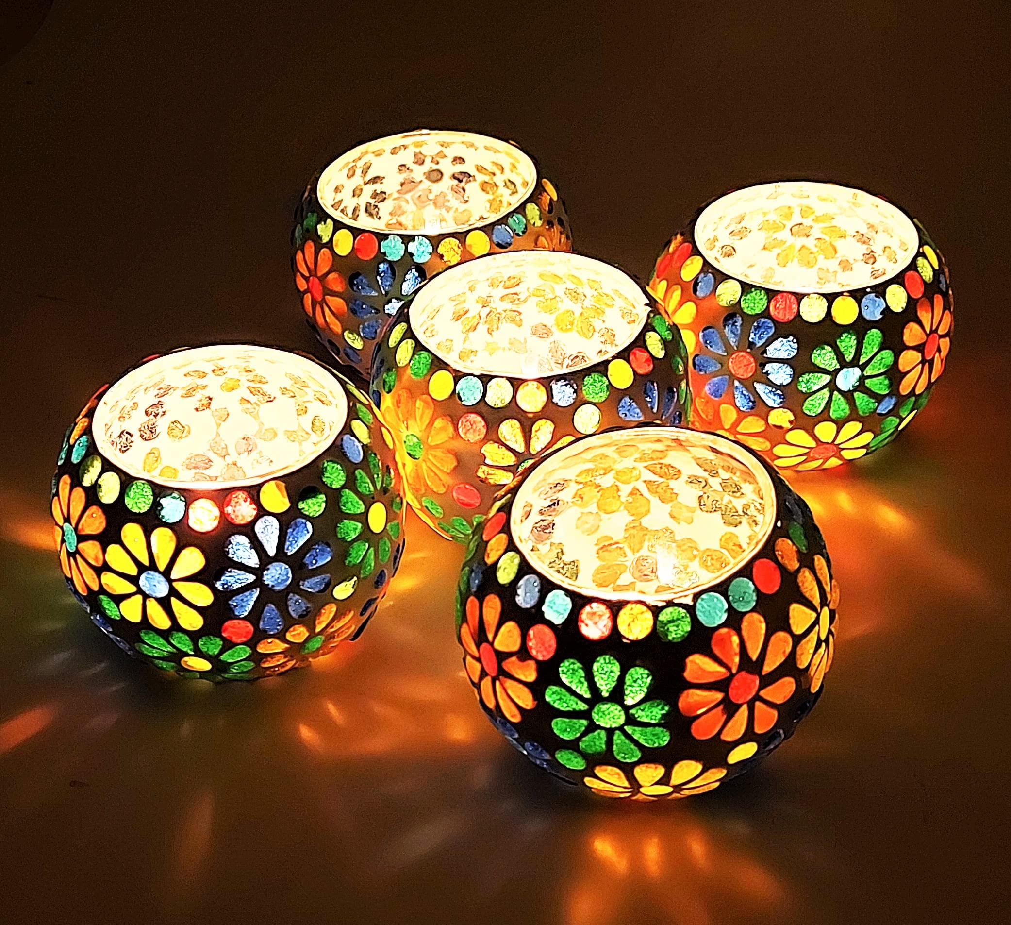 MITHILA HANDICRAFTS Mosaic Glass Votive Light — Set of 6 Mosaic Glass Votive Tealight Candle Holders Small- Diwali Decoration Items for Home Living Room | Festive Collection