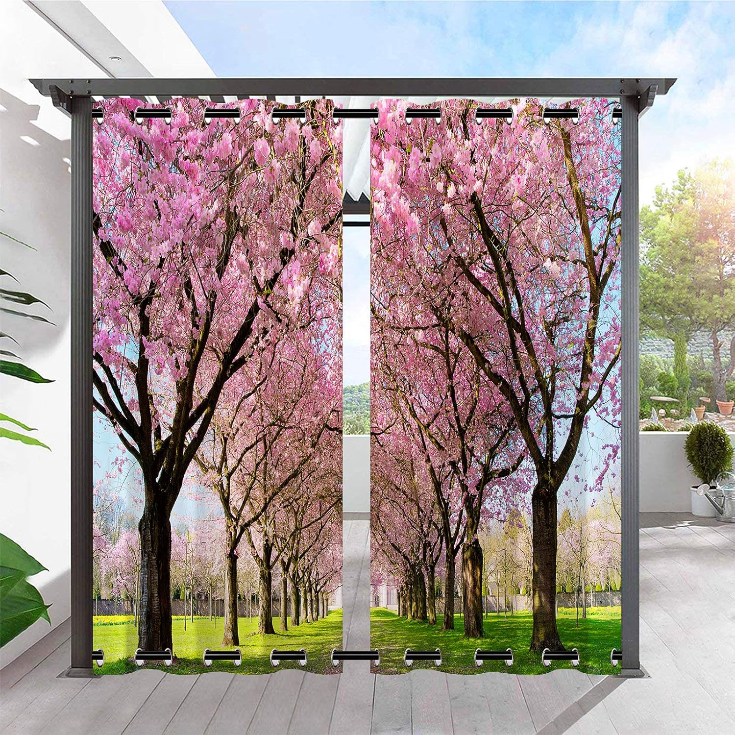 ANHOPE Outdoor Curtains Grommet Top & Bottom Windproof Waterproof Privacy Drapes Sakura Tree Cherry Blossom Print Pattern Outside Curtains for Patio Pergola Gazebo 2 Panels 54 x 108 Inch