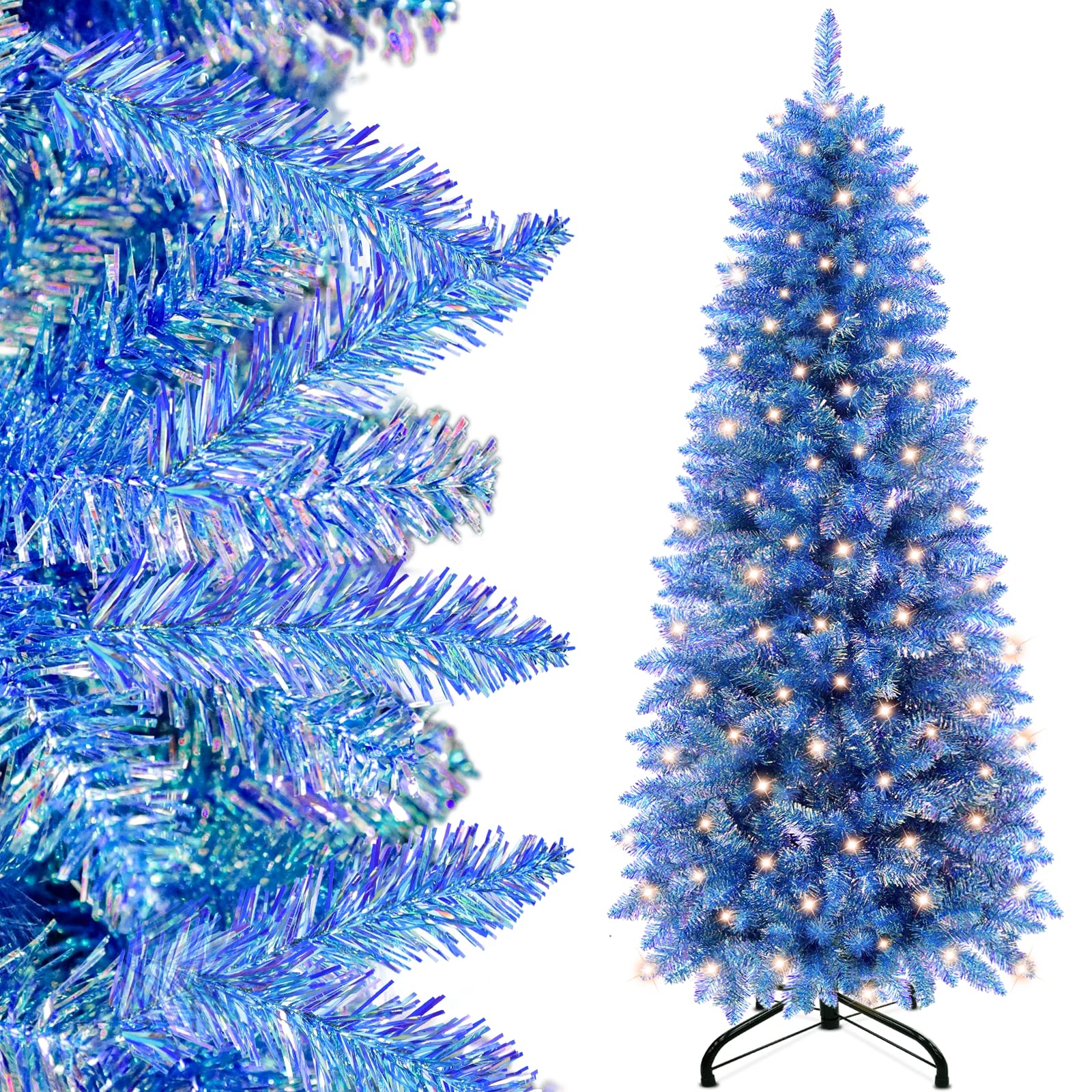 Photo 1 of 6 Feet Bling Laser Prelit Christmas Tree Decoration, Giant Pencil Slim Xmas Full Tree with 250 Lights, Realistic Feel Premium Hinged Branch, Glitter Thick 720 Tips Easy Assembly Metal Stand (Blue)