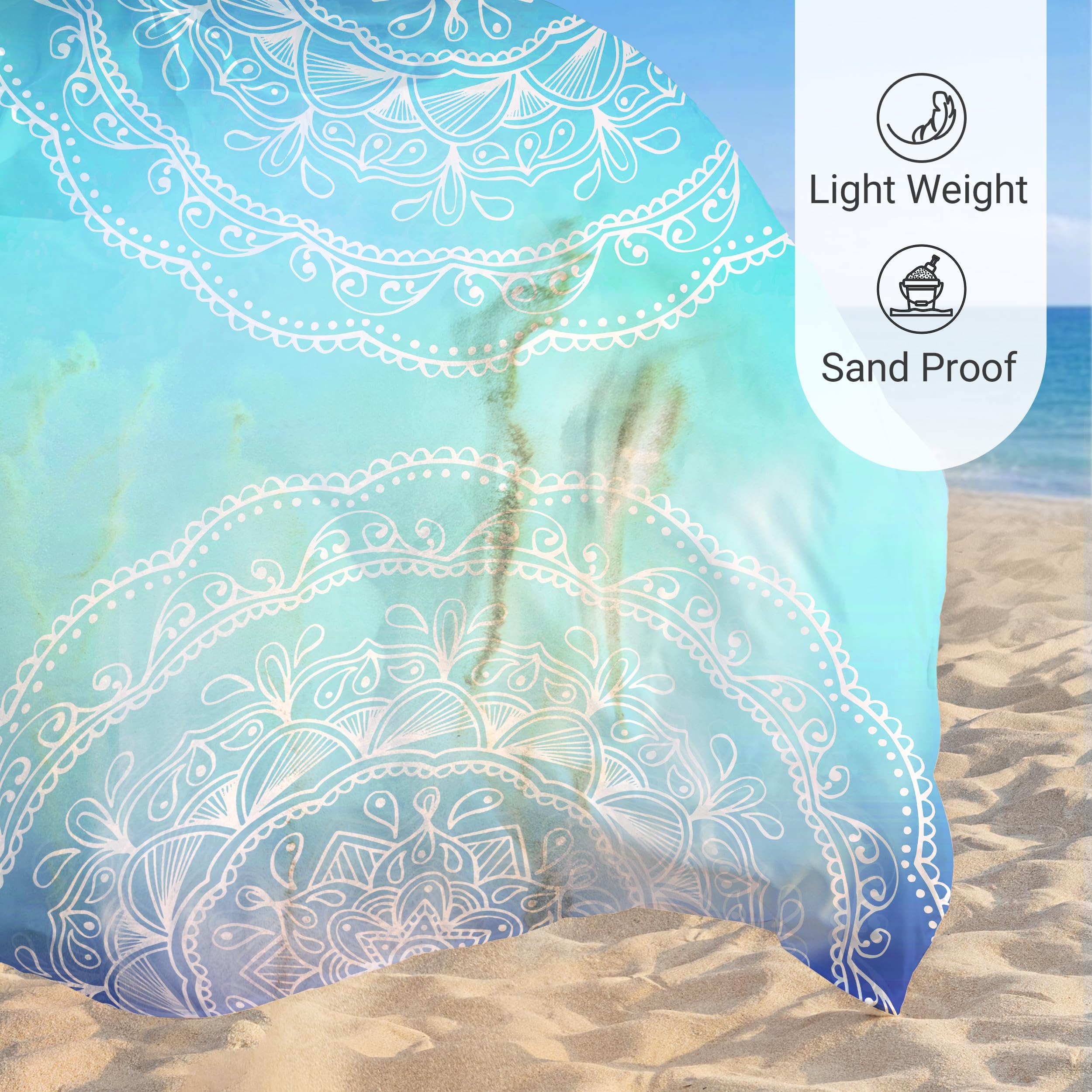 Sunlit Couverture de Plage Douce et Soyeuse de 269,2 x 205,7 cm, Tapis Anti-Sable avec Poches d'angle et Sac en Maille pour fête de Plage, Voyages, Camping et Festival de Musique en Plein air, Motif