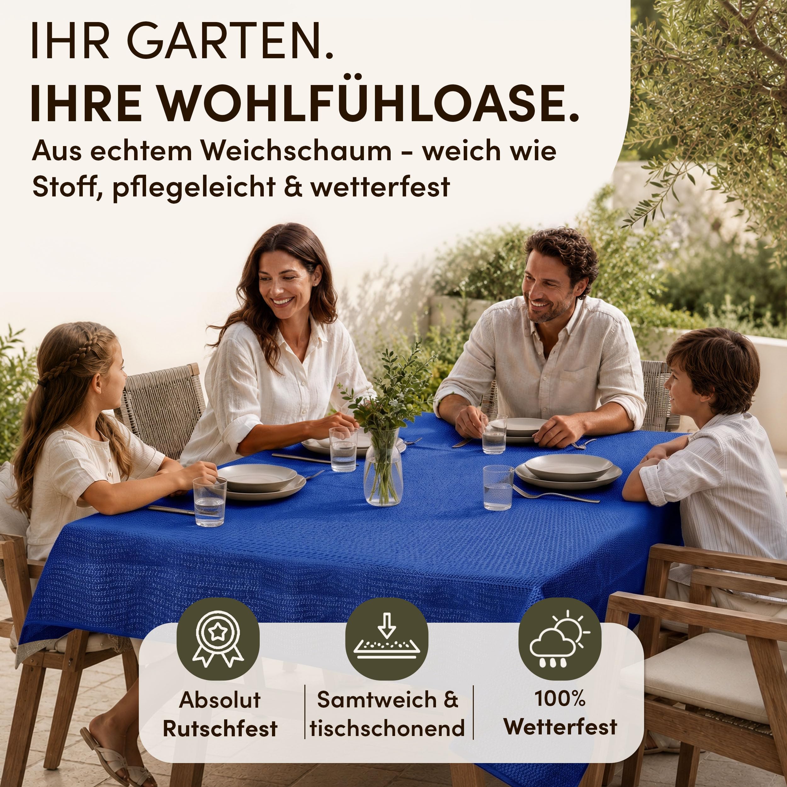 Tischdecke Outdoor Wetterfest - Gartentischdecke Oval 140x180 cm Blau | Rutschfest, UV-beständig, abwaschbar & bei 30°C waschbar