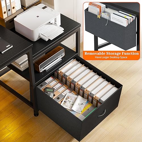 Miniatura 6 de EnHomee Escritorio para computadora de 57 pulgadas con cajones y espacio para impresora, escritorio de oficina con tomas de corriente, escritorios