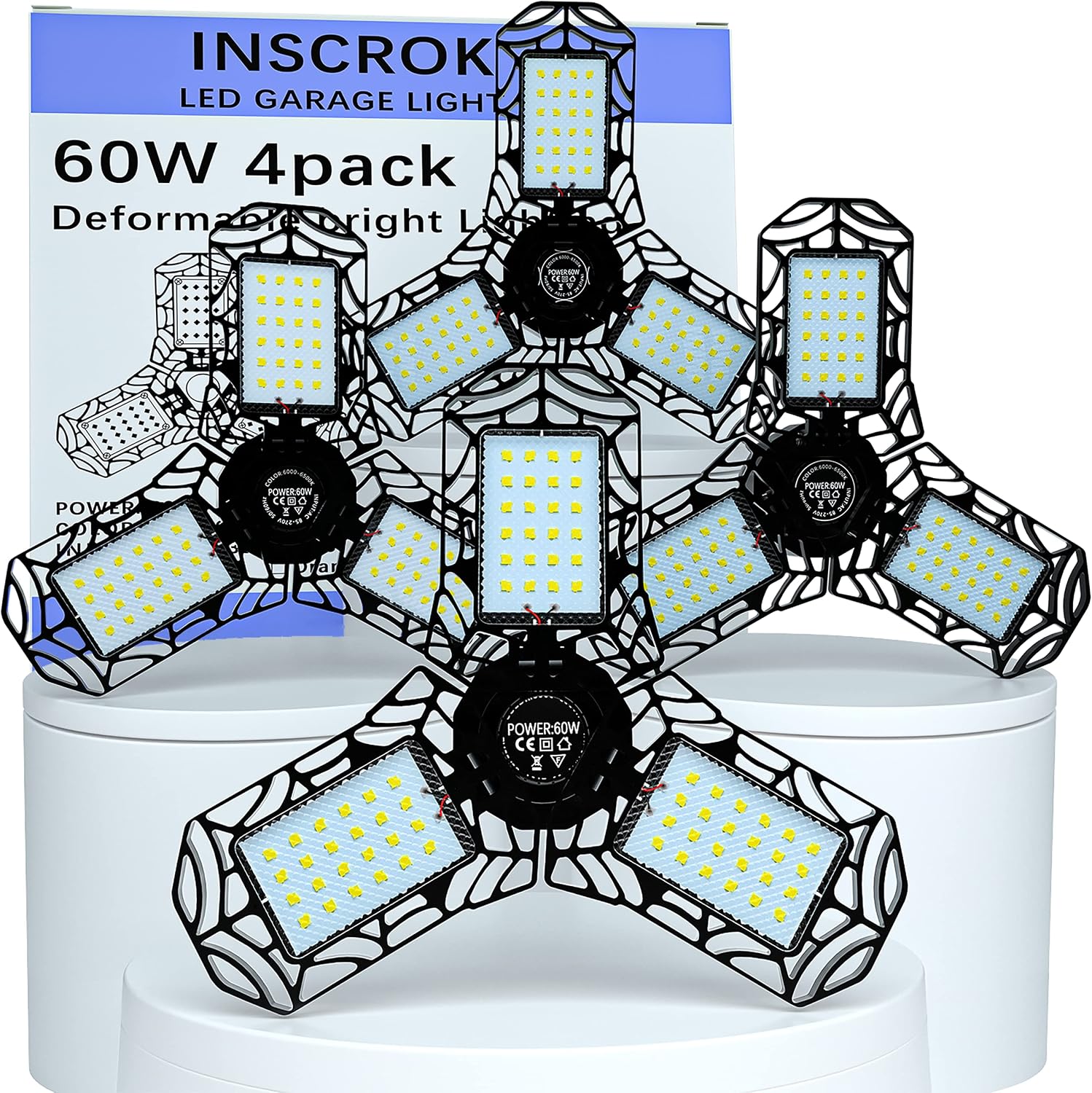 4-Pack LED Garage Light,60W Deformable 6000LM 6500K E26/E27 Garage Lights with 3 Adjustable Panels for Garage,Workshop,Basement