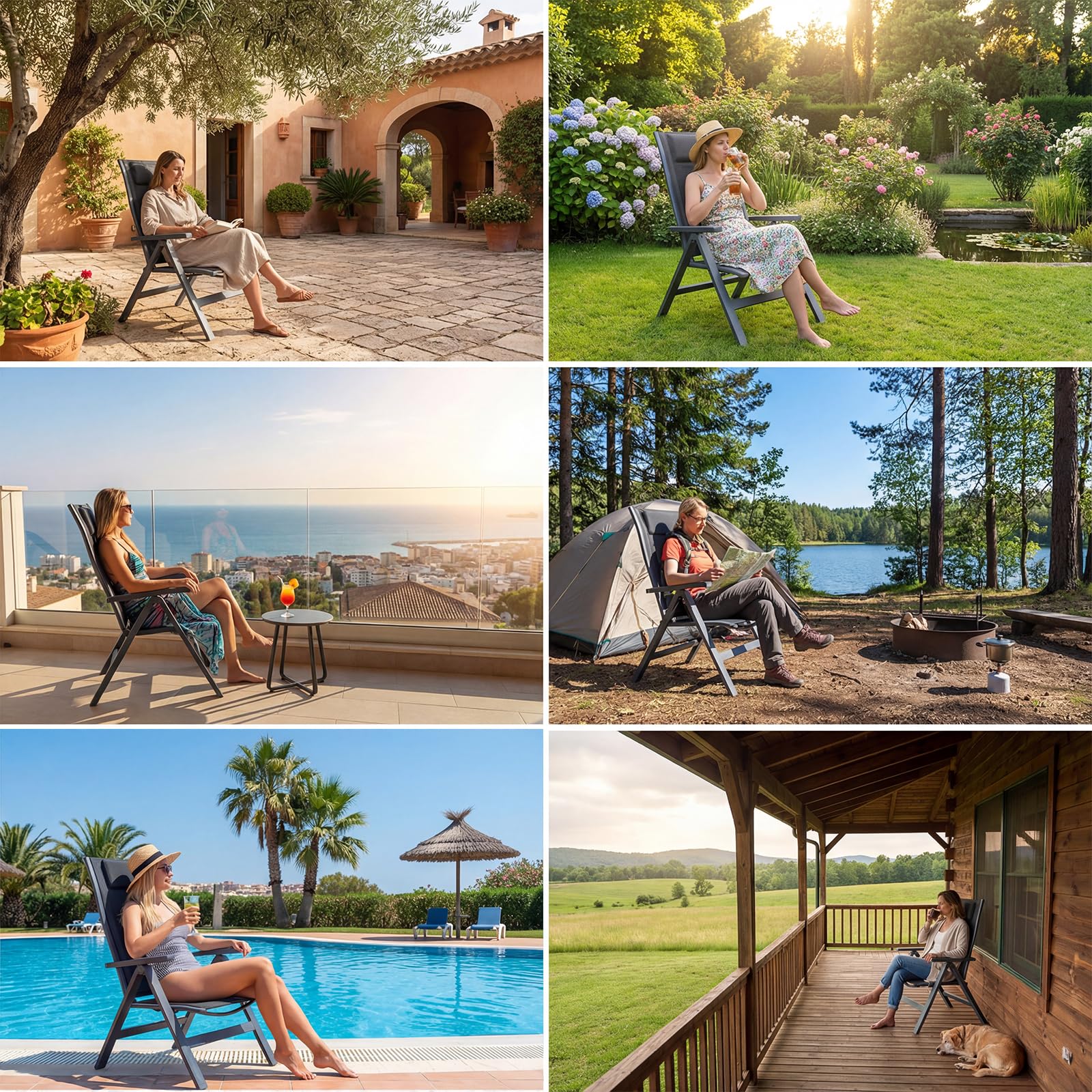 Devoko Juego de 2 Silla Plegable de jardín de Aluminio - Sillón de jardín Exterior Ajustable en 7 Posiciones, Silla portátil con Respaldo Alto Apta para Todas Las mesas de jardín, terraza y Piscina