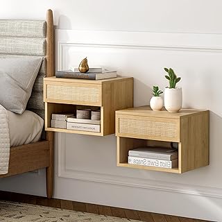 Rattan Floating Nightstands Set of 2, Wall Mounted End Table with Drawer and Open Compartment Modern Wood Bedside Night Stand Storage Cabinet for Bedroom Living Room, Natural Oak
