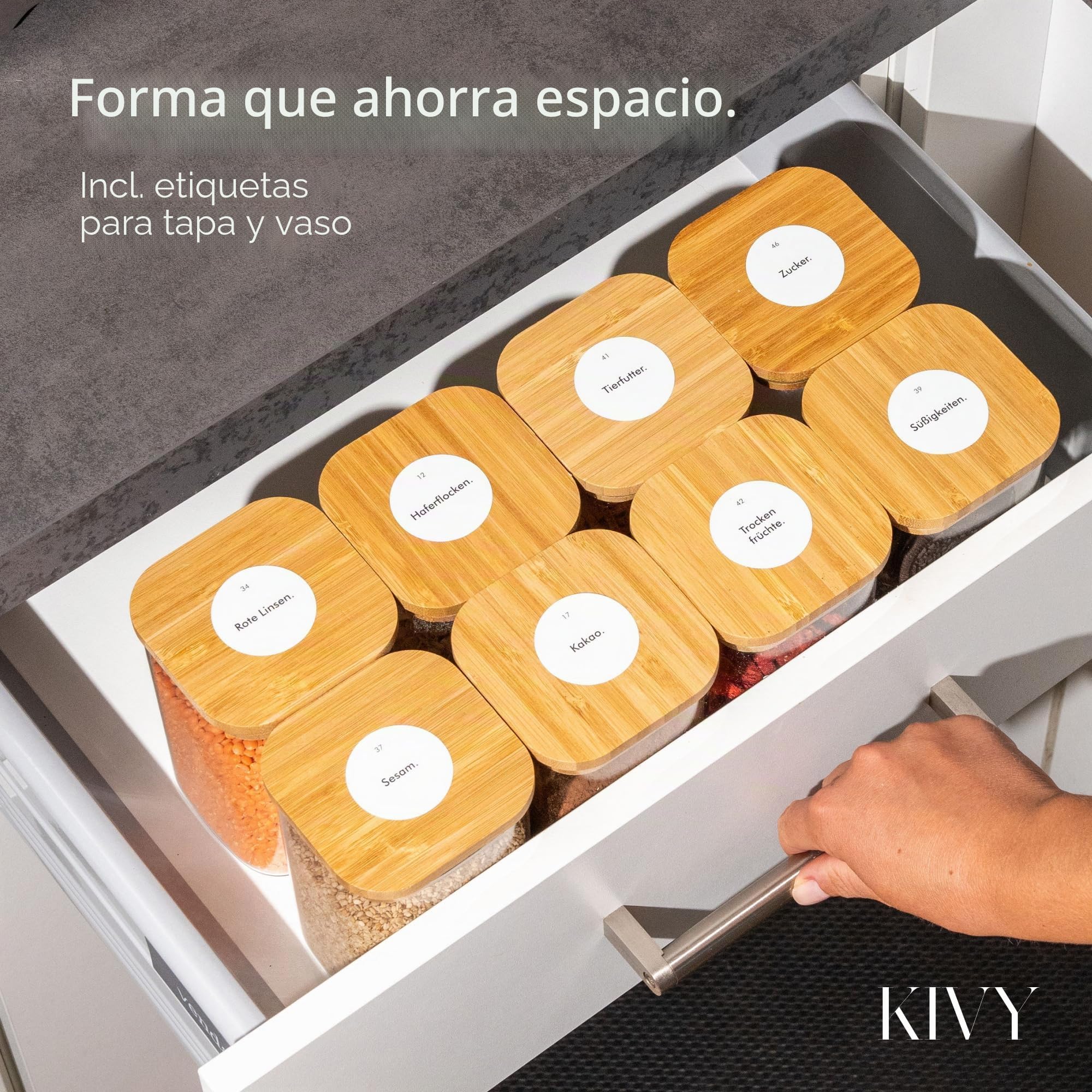 KIVY Tarros de almacenamiento rectangulares [juego de 12] + etiquetas, apilables y herméticos con tapa, tarros de almacenamiento con tapa herméticos – tarros de almacenamiento rectangulares – bambú