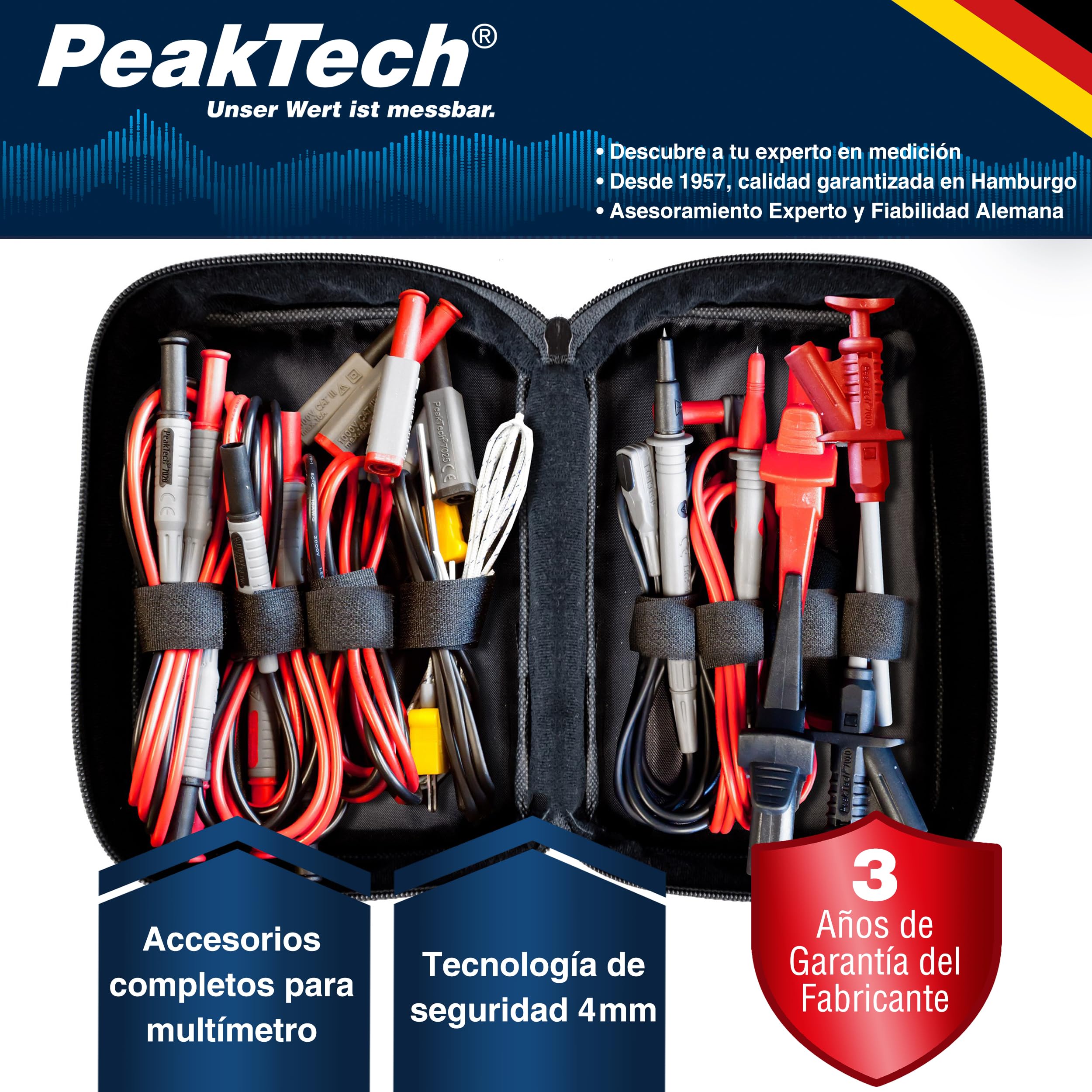 PeakTech 8200 - Juego de Accesorios de Medición para Multímetro Digital, Cables de Prueba, Pinzas de Cocodrilo, con Batería - 14 Piezas, Bolsa Incluida