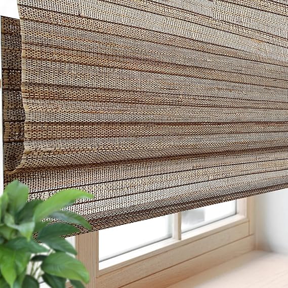 Cordless Blackout Roman Bamboo Shades, Light Filtering Natural Woven