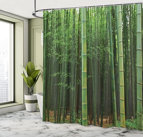 Miniatura 4 de Cortina de ducha de tela y poliéster con estampa digital de árboles de bambú. Lavable a máquina